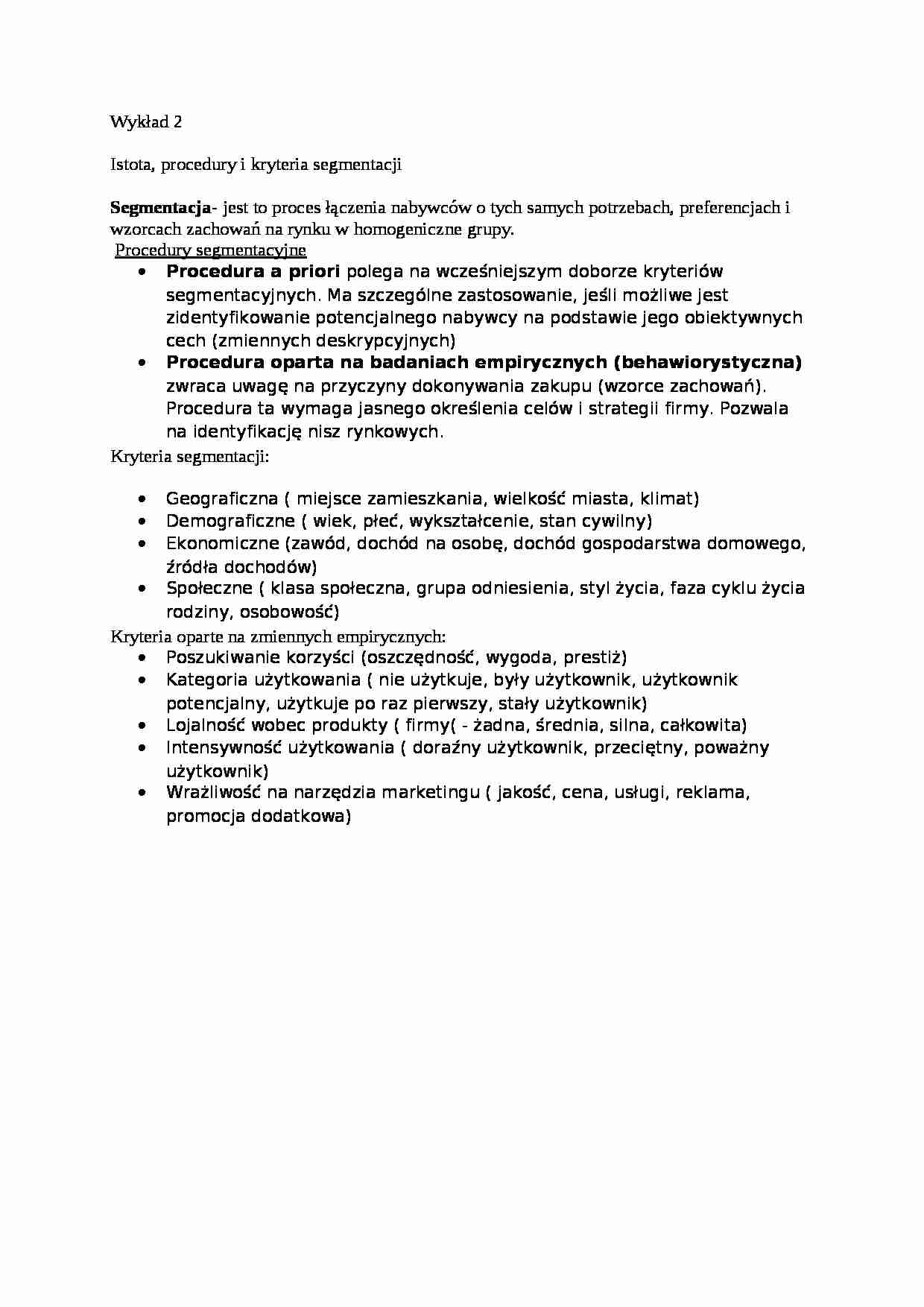 Wykład-istota, procedury i kryteria segmentacji - strona 1