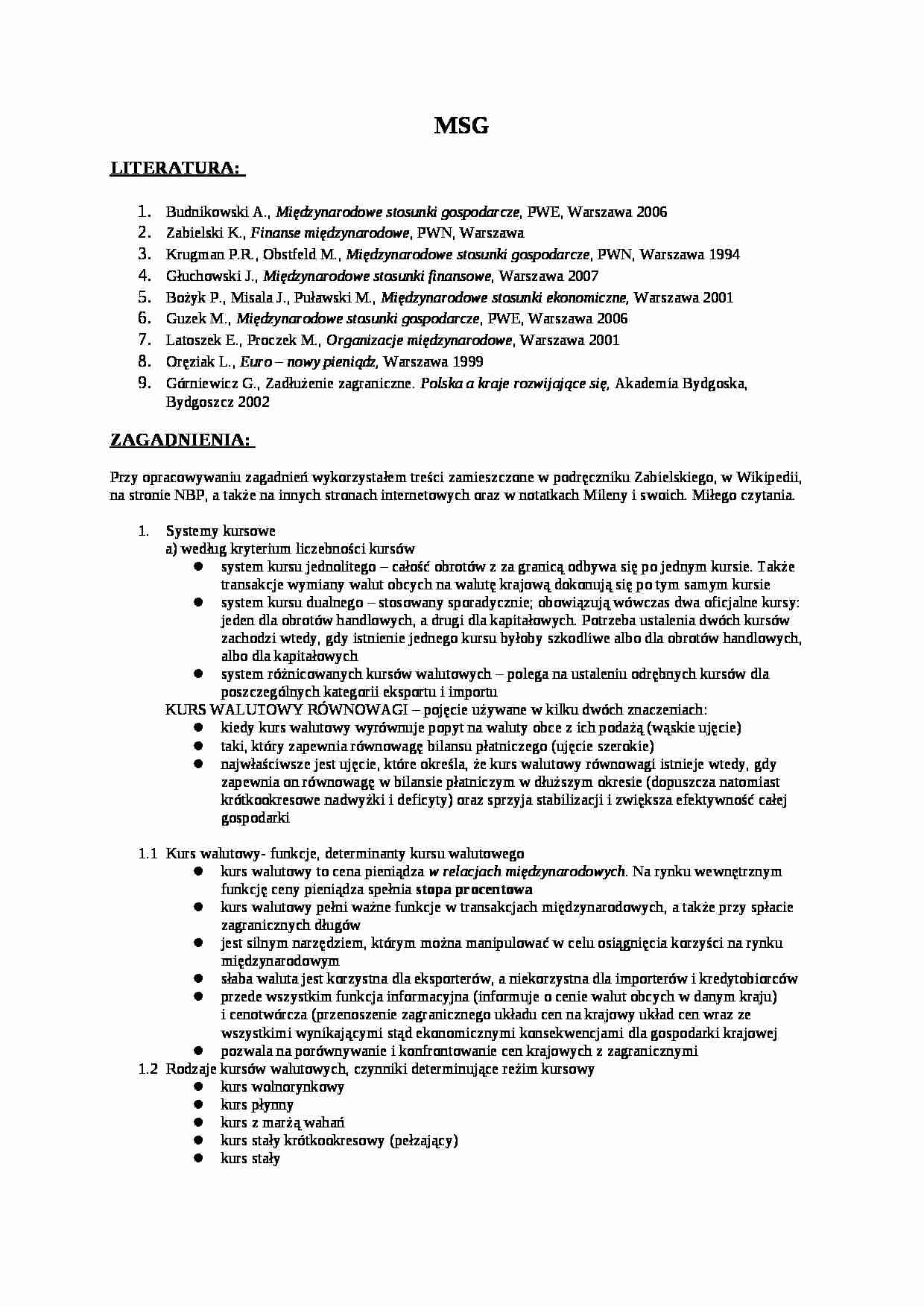 Międzynarodowe stosunki gospodarcze - syllabus - strona 1