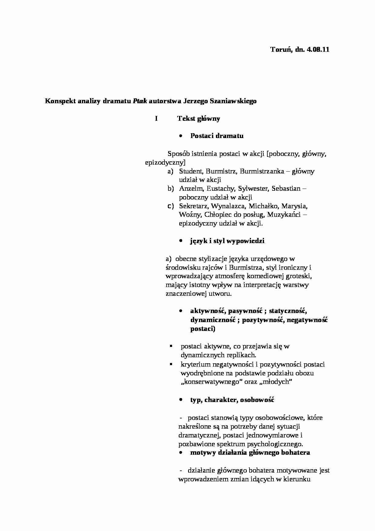 Konspekt analizy dramatu Ptak autorstwa Jerzego Szaniawskiego - strona 1
