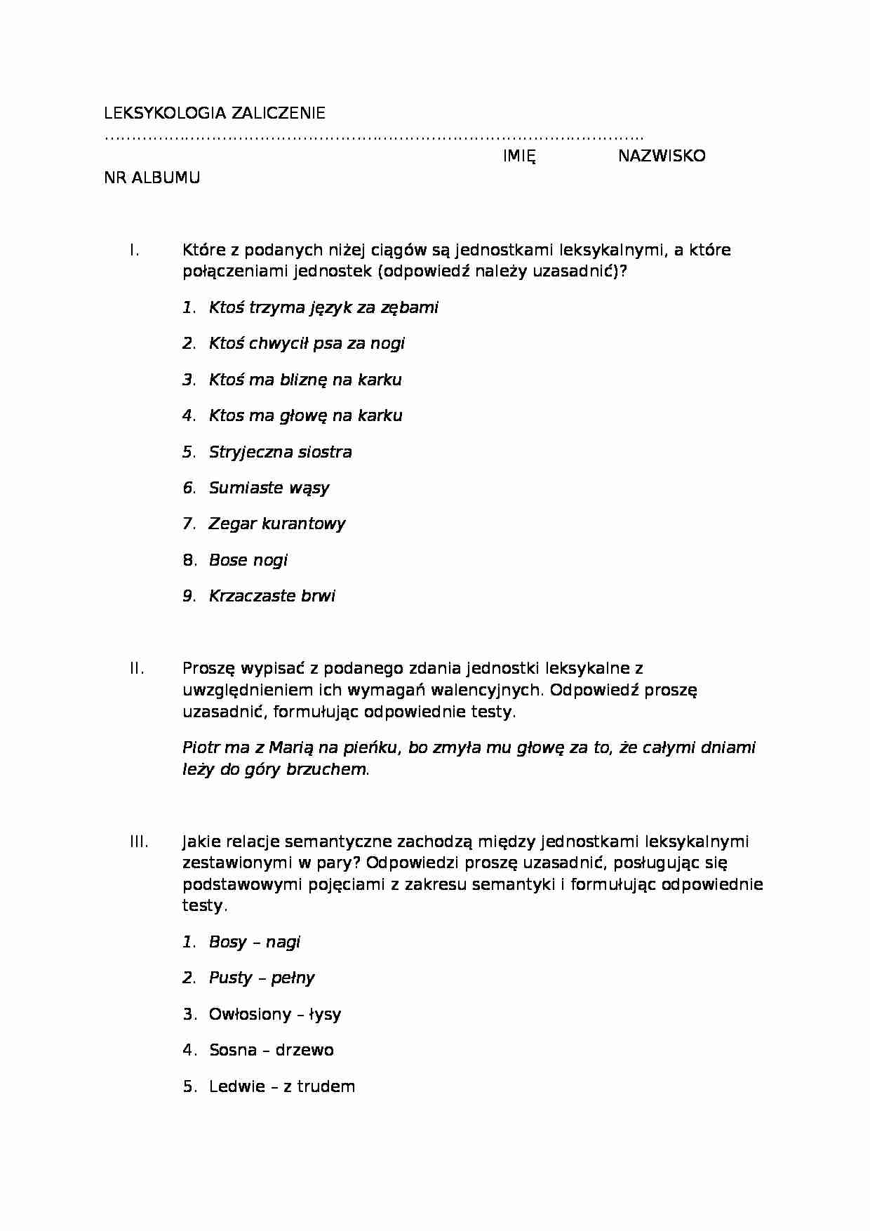 Leksykologia - pytania na egzamin  - strona 1
