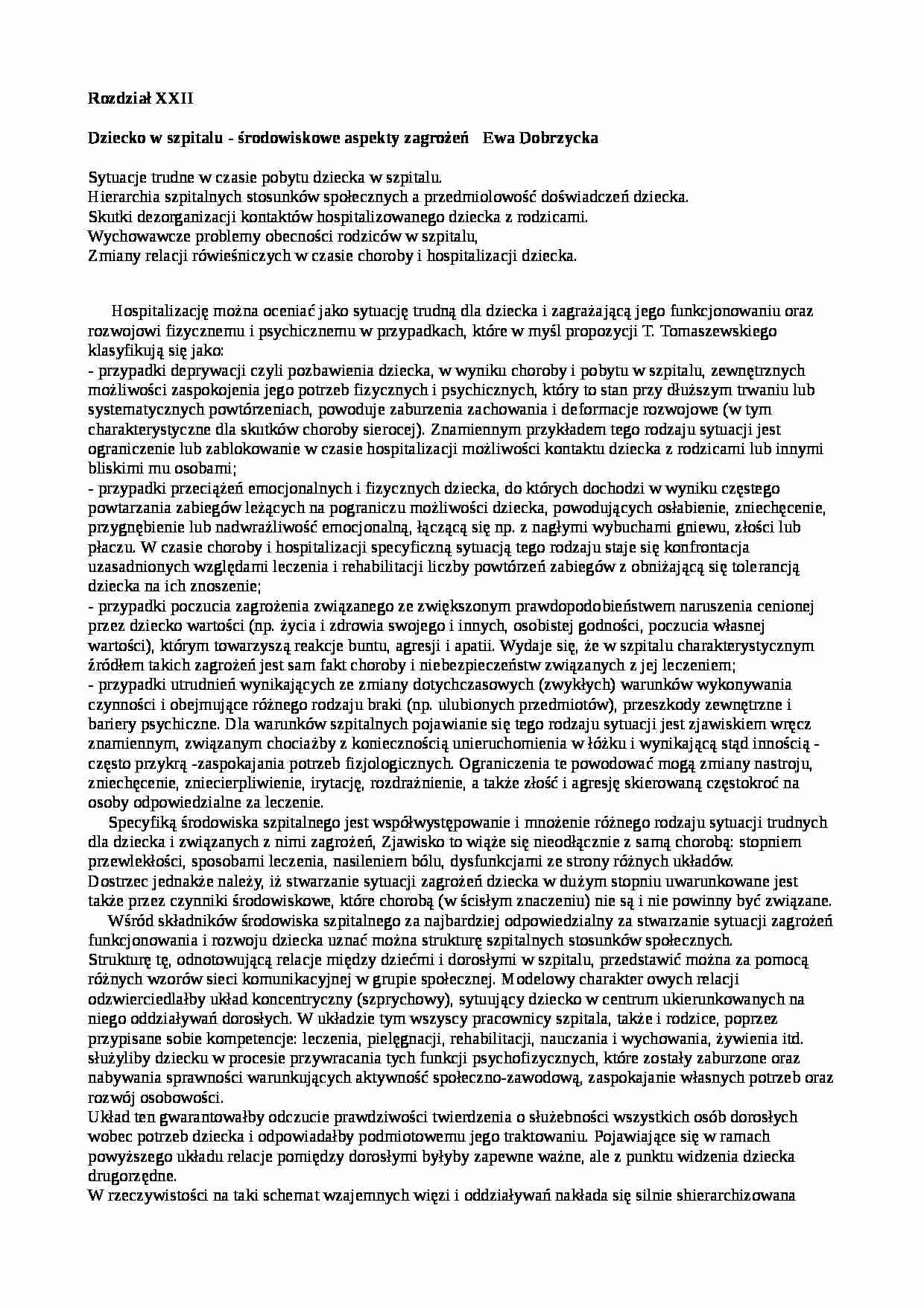 Dziecko w szpitalu - środowiskowe aspekty zagrożeń - strona 1