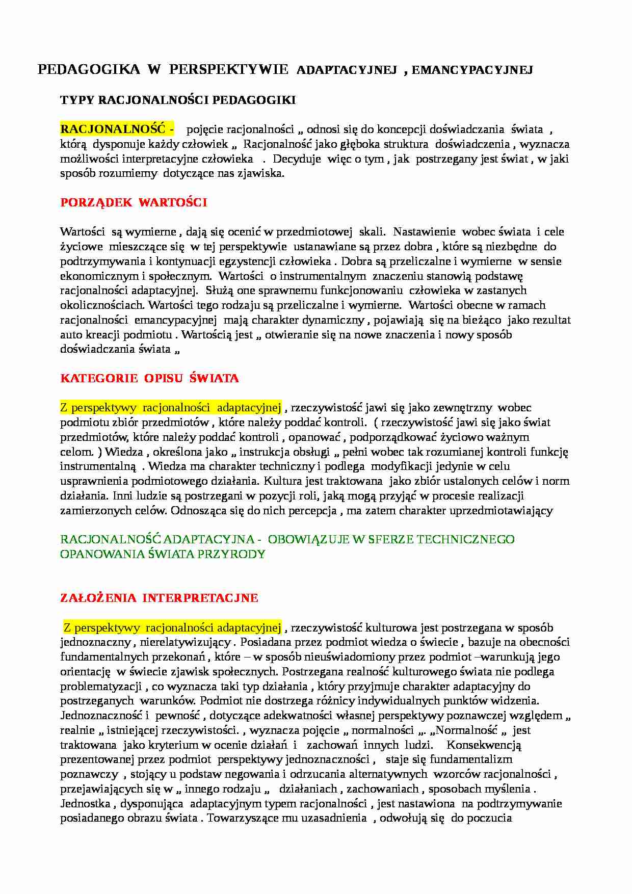 Pedagogika w perspektywie adaptacyjnej, emancypacyjnej  - strona 1