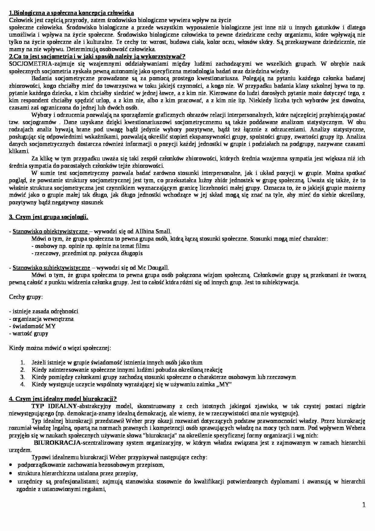 Socjologia - opracowane pytania na egzamin UEK - strona 1