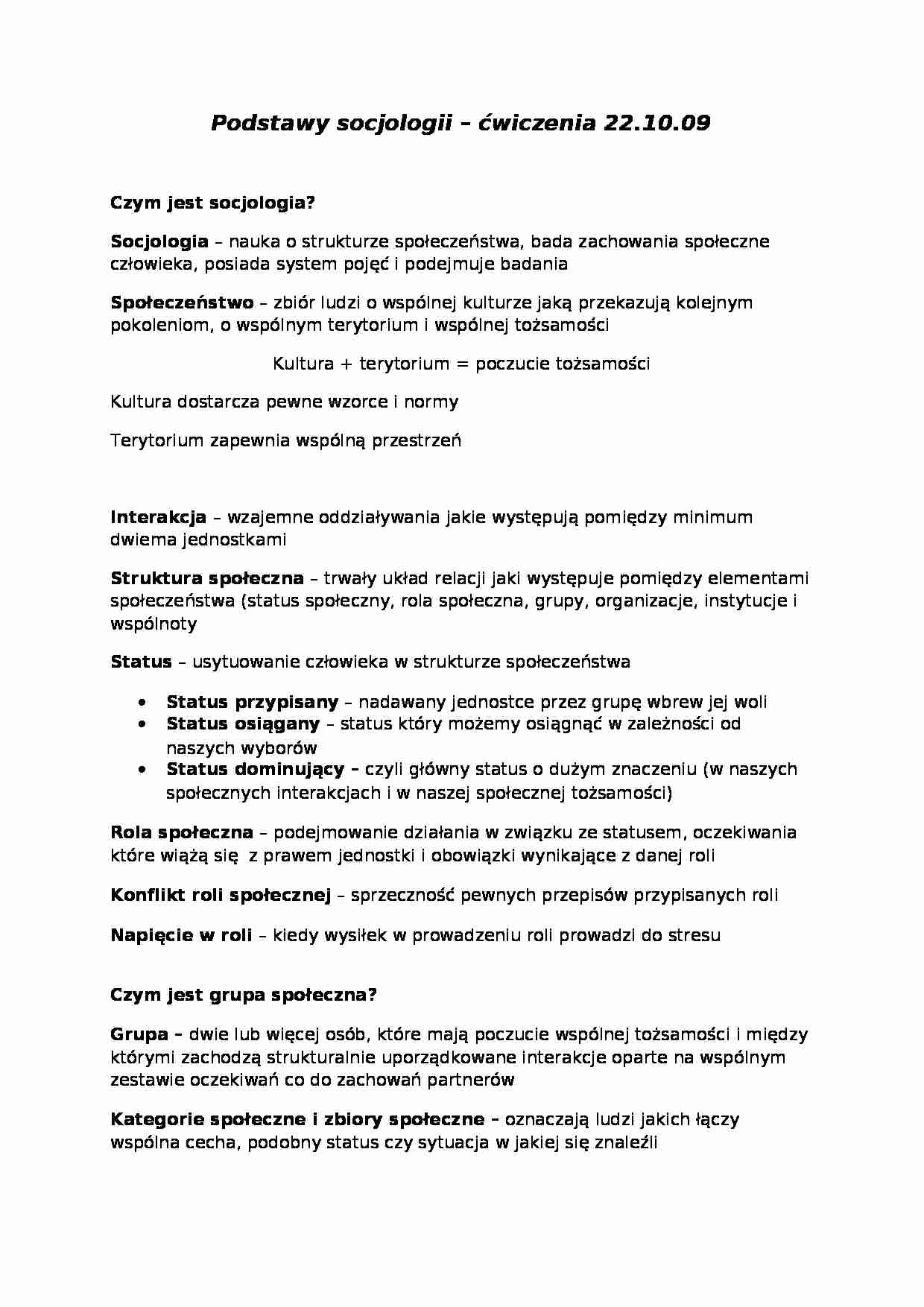  Podstawy socjologii - ćwiczenia 22.10.09 - strona 1