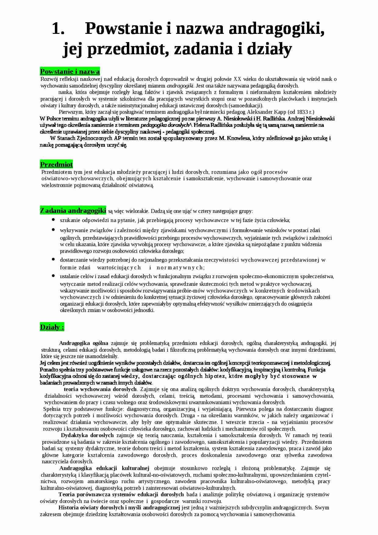 Powstanie i nazwa andragogiki, jej przedmiot, zadania i działy - strona 1