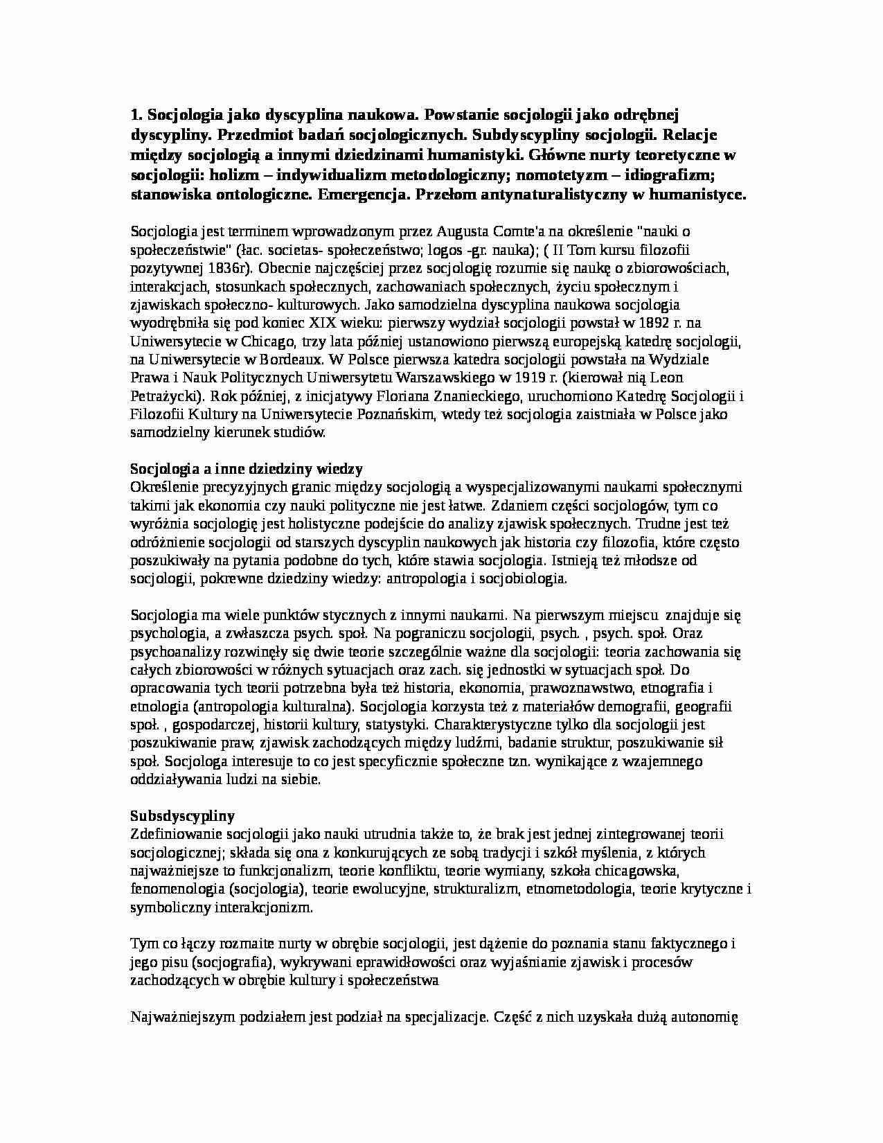Socjologia - opracowanie zagadnień - strona 1