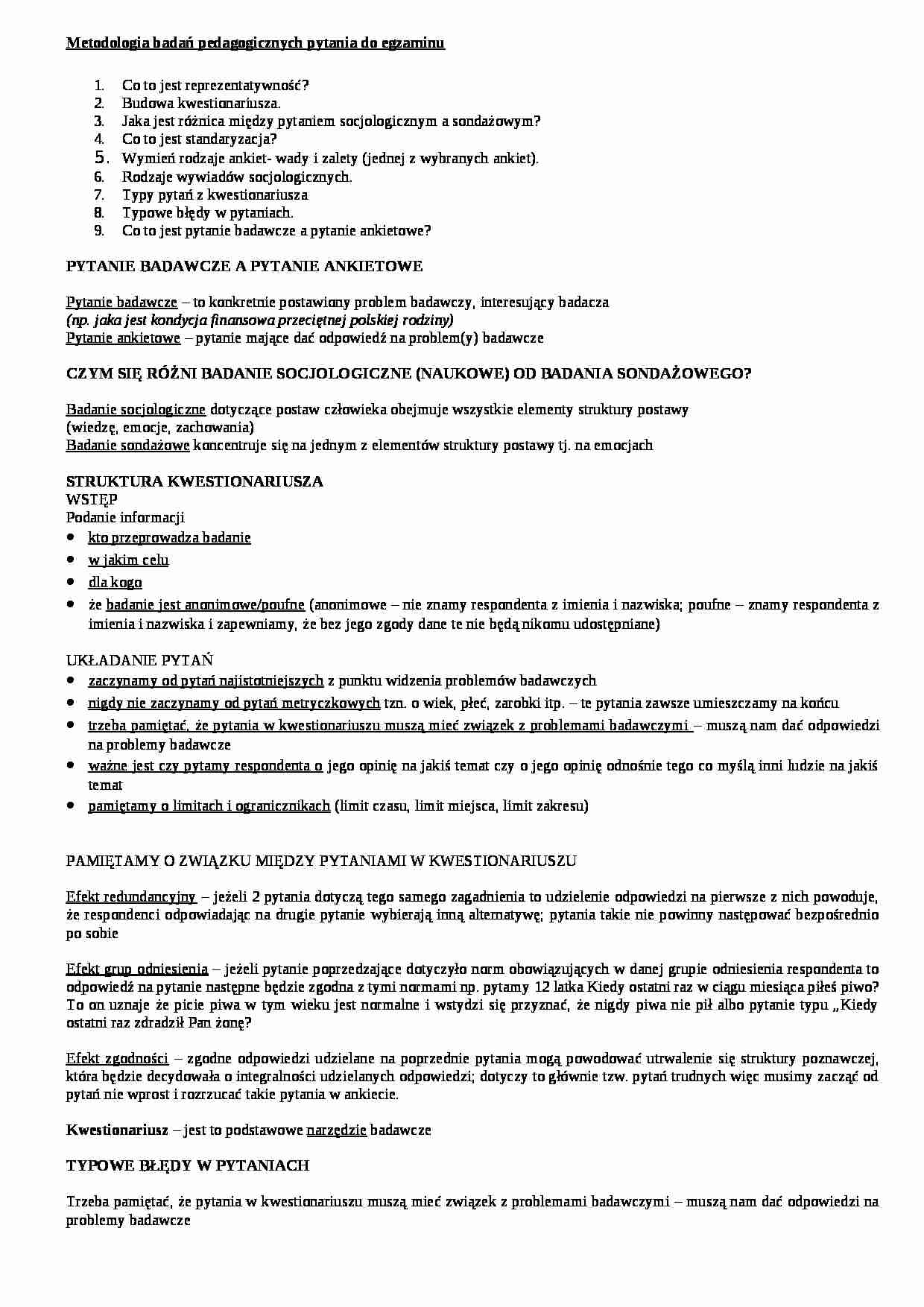 Metodologia badań pedagogicznych - pytania do egzaminu - strona 1