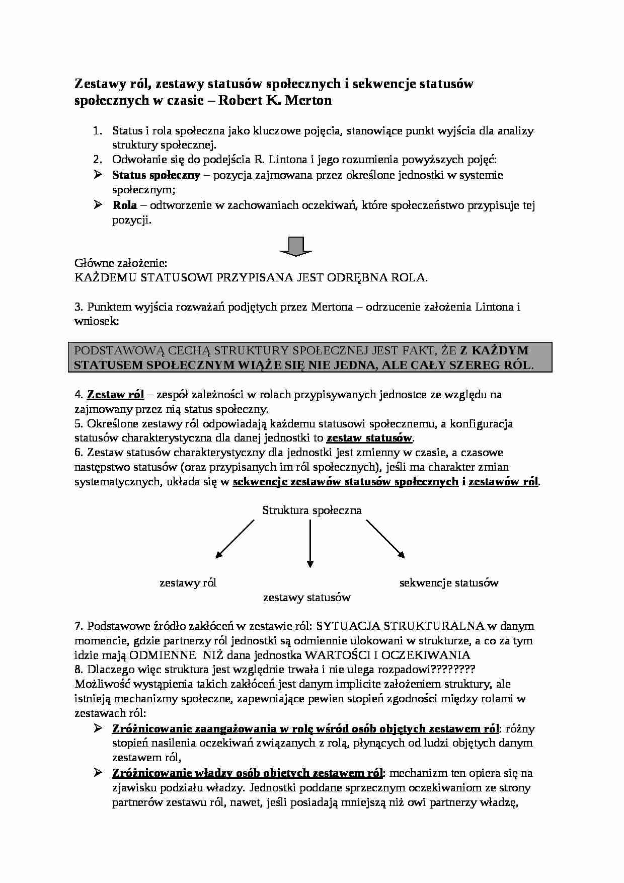 Status i rola społeczna jako kluczowe pojęcia, stanowiące punkt wyjścia dla analizy struktury społeczne - strona 1