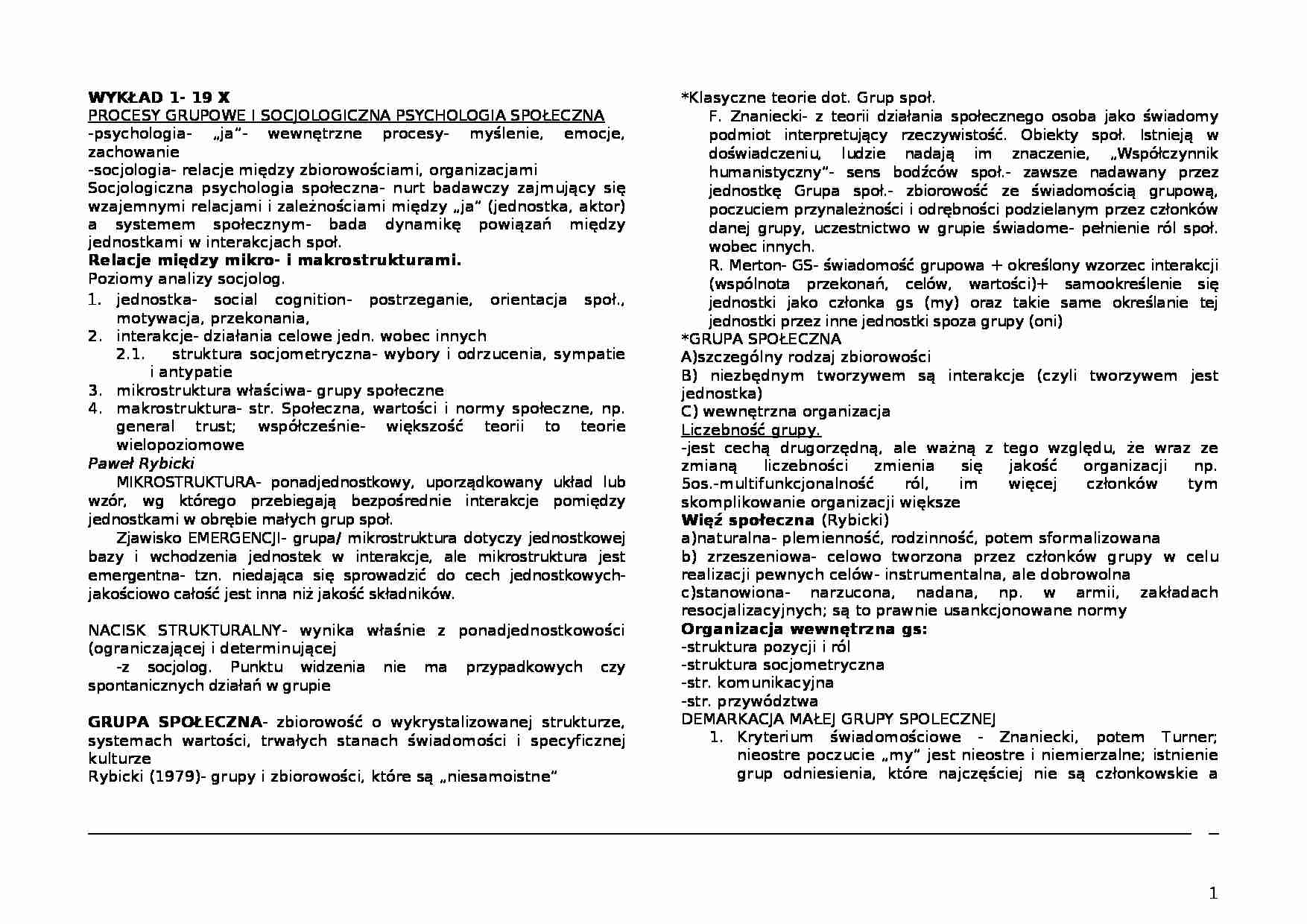 Procesy grupowe i socjologiczna psychologia społeczna - strona 1