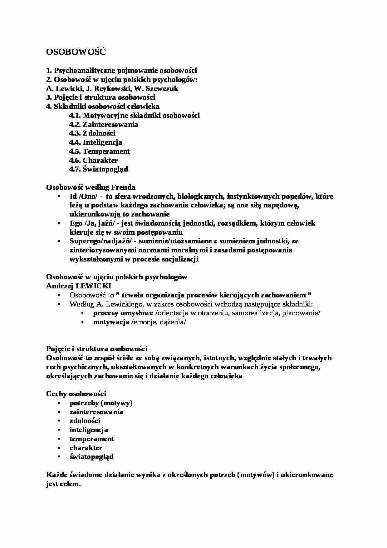 Osobowość w ujęciu polskich psychologów - opracowanie  - strona 1