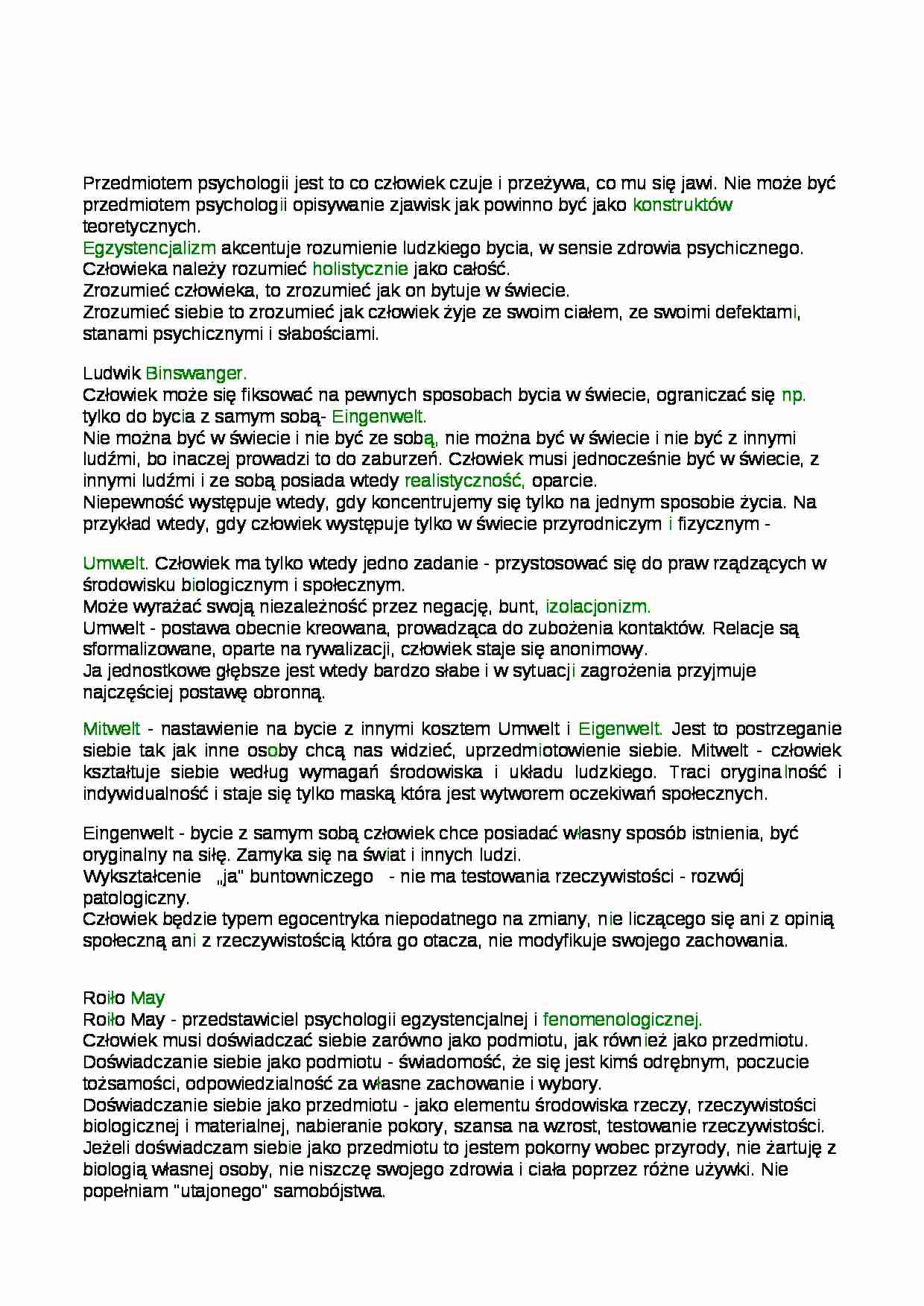 Psychologia osobowości - opracowanie pojęć - Egzystencjalizm - strona 1