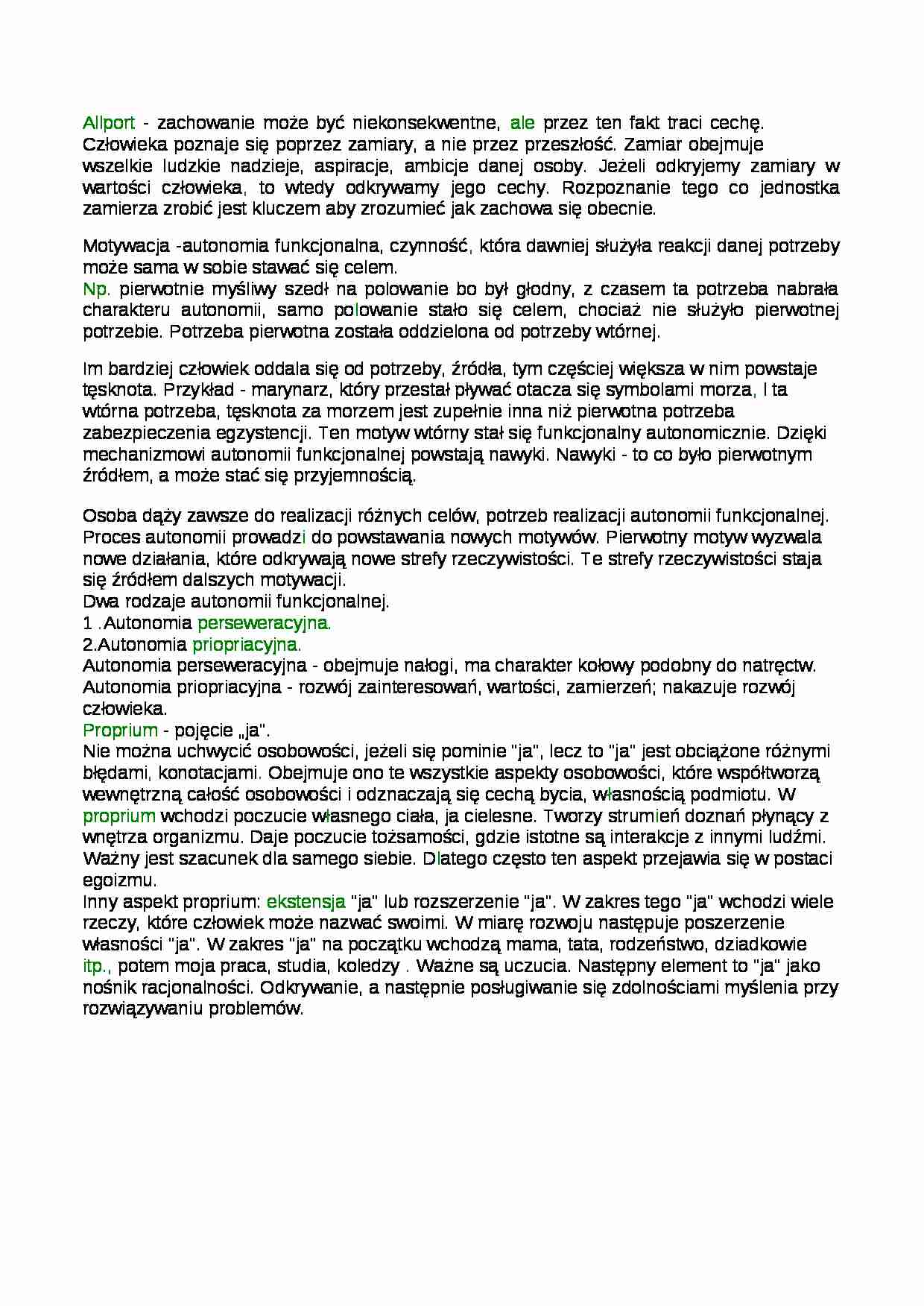 Psychologia osobowości - opracowanie pojęć -  Allport - strona 1