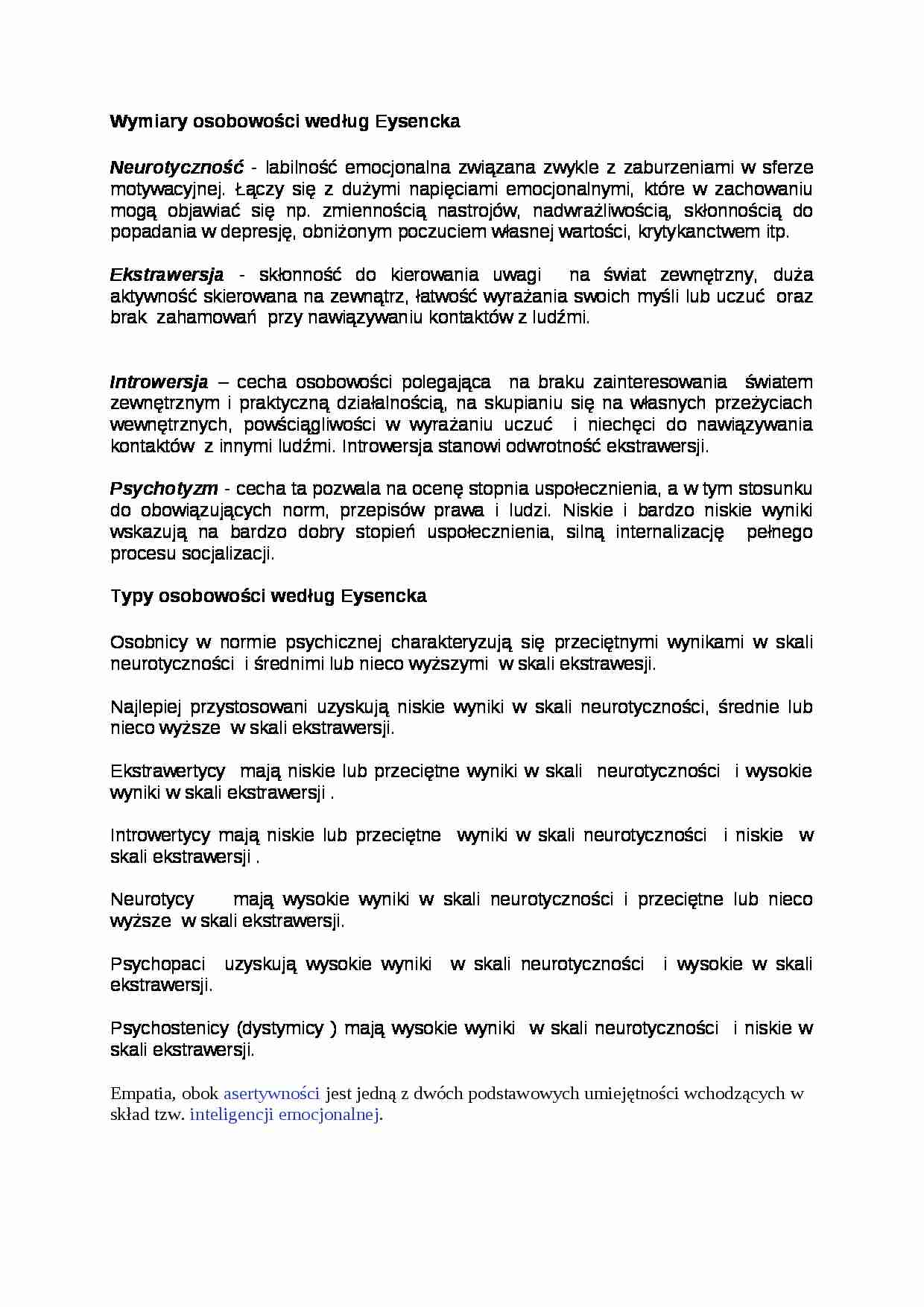 Wymiary osobowości według Eysencka - opracowanie  - strona 1