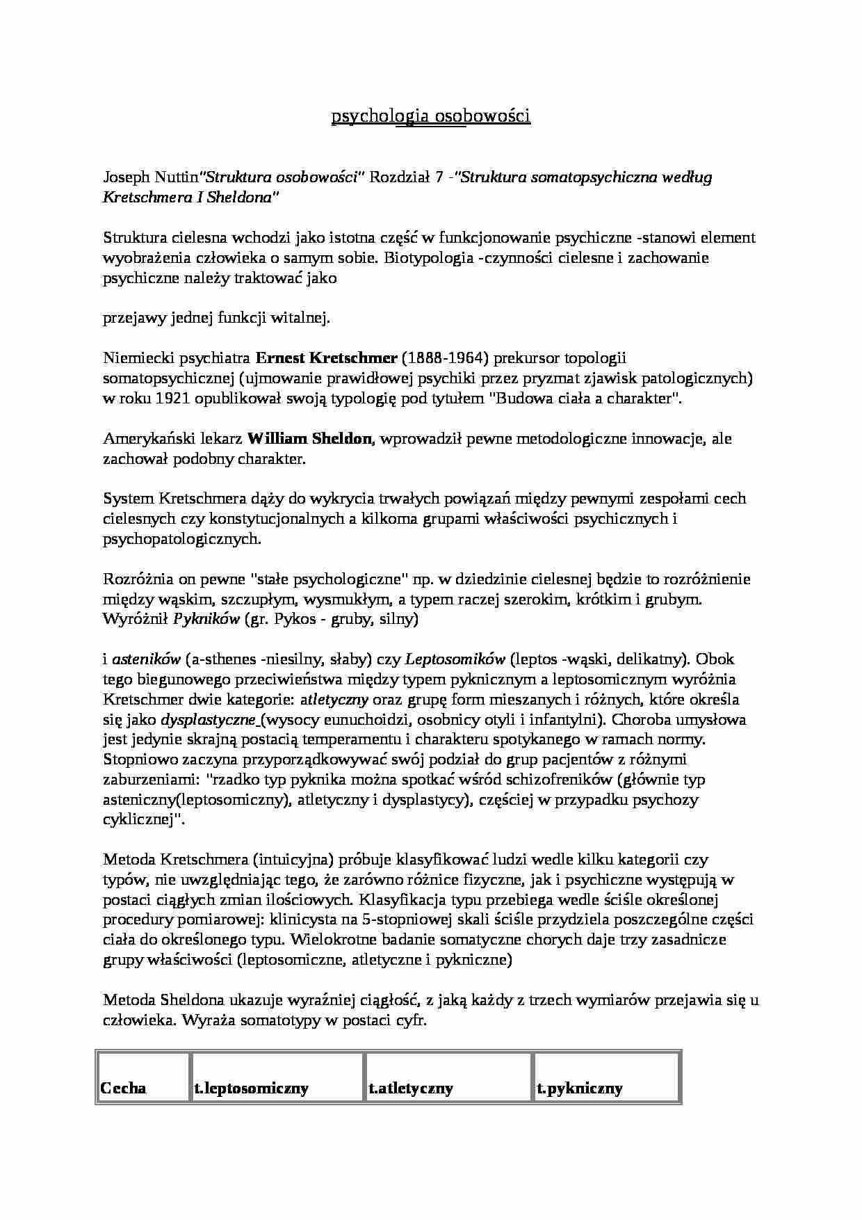 Struktura somatopsychiczna według Kretschmera i Sheldon - opracowanie rozdziału 7 - strona 1