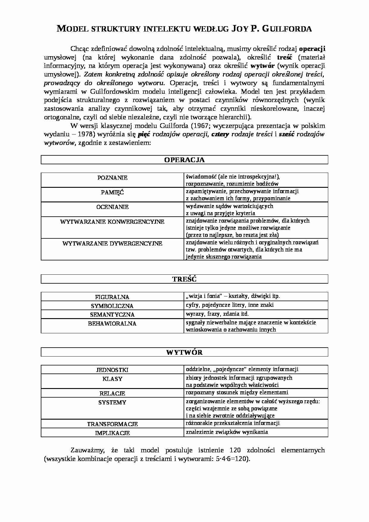 Model struktury intelektu Guilford - opracowanie  - strona 1