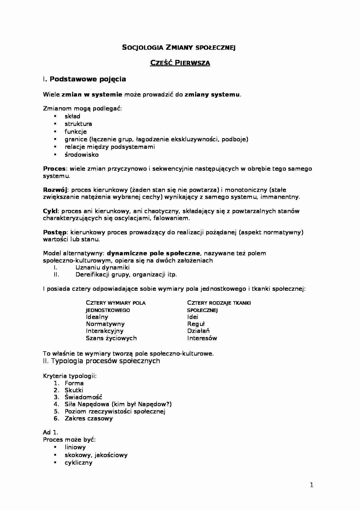 Socjologia zmiany społecznej- opracowanie - strona 1