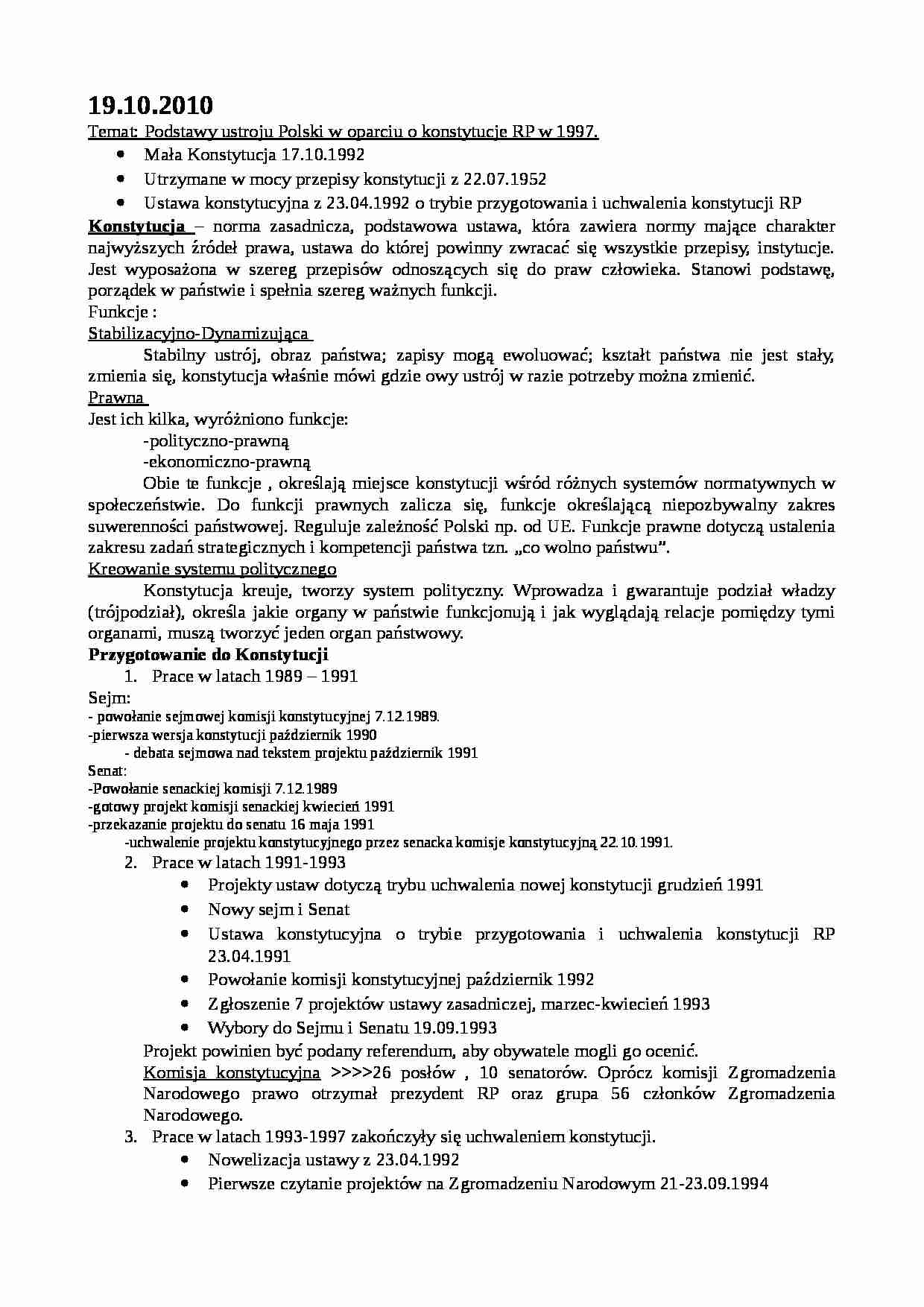 Podstawy ustroju Polski w oparciu o konstytucje RP w 1997 - wykład 4 - strona 1