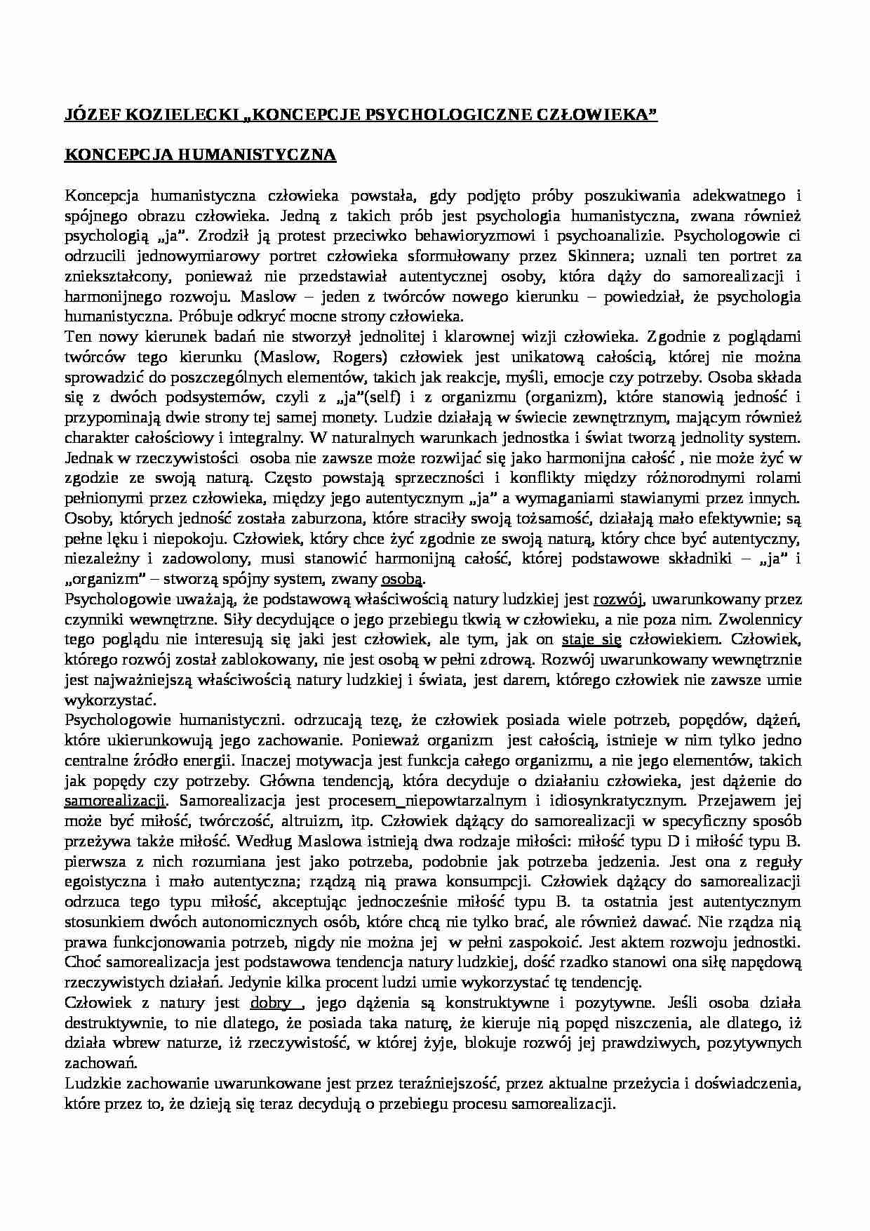 Koncepcje psychologiczne człowieka - opracowanie  - strona 1