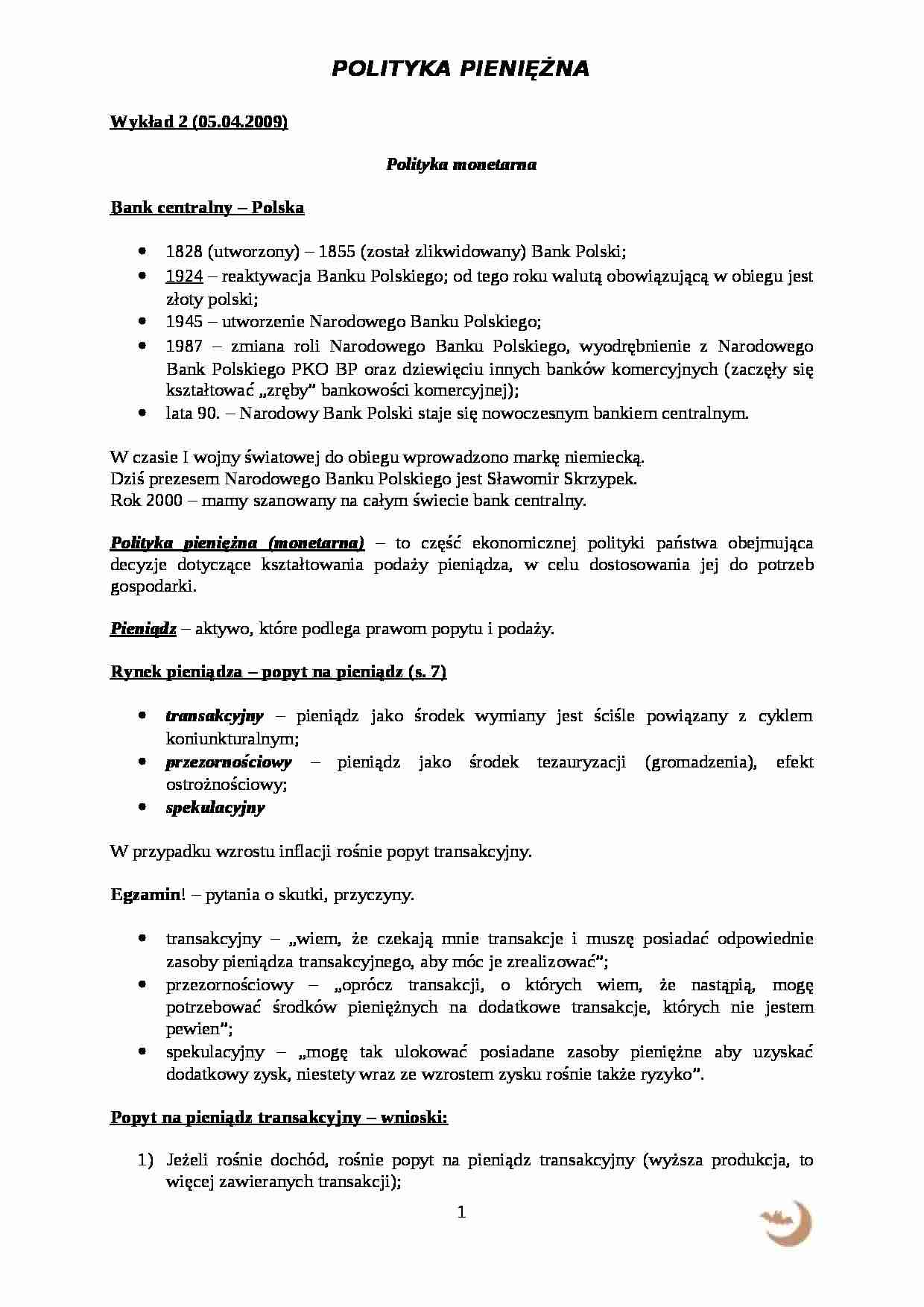 Polityka Pieniężna Wykład 2 WSB - strona 1