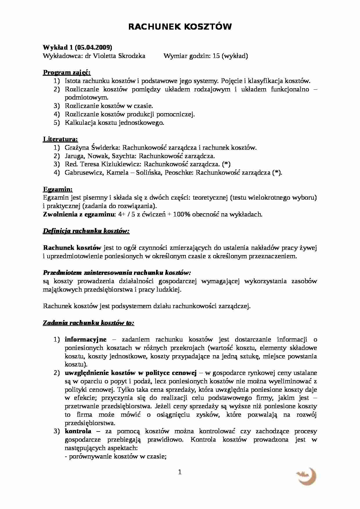 Rachunek kosztów wykład 1 - strona 1