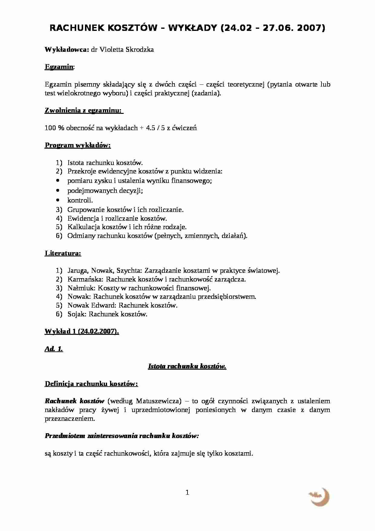 Rachunek kosztów wykłady - strona 1