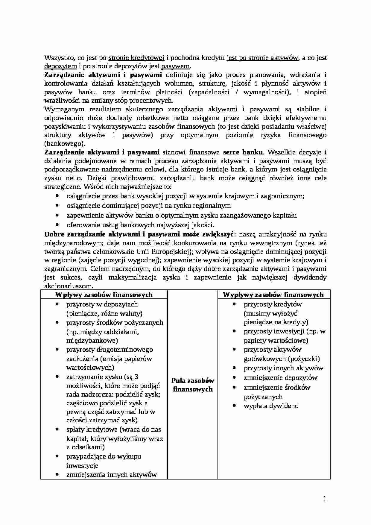 Zarządzanie aktywami i pasywami banku wykłady - strona 1