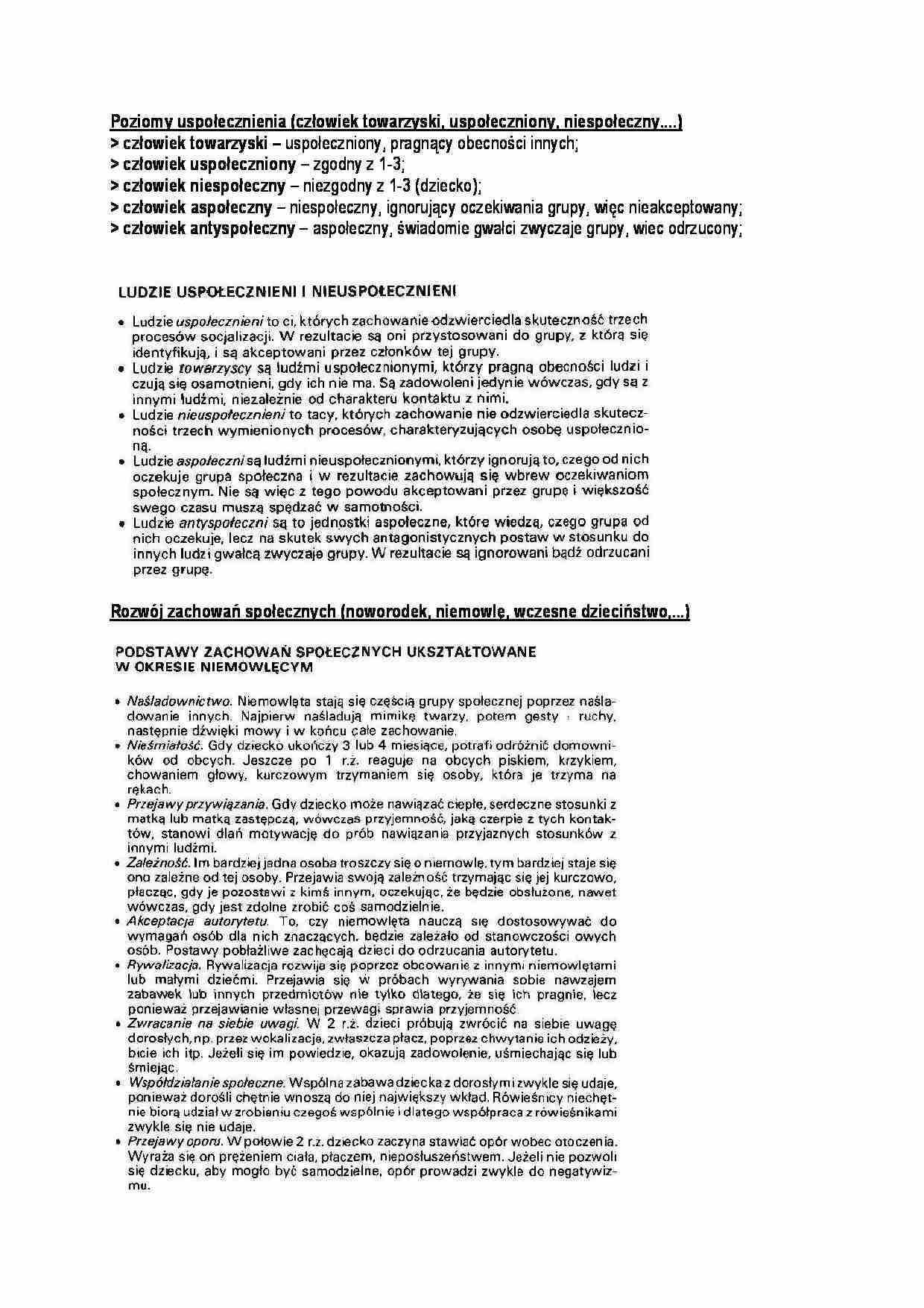 Poziomy uspołecznienia i rozwój zachowań społecznych. - strona 1