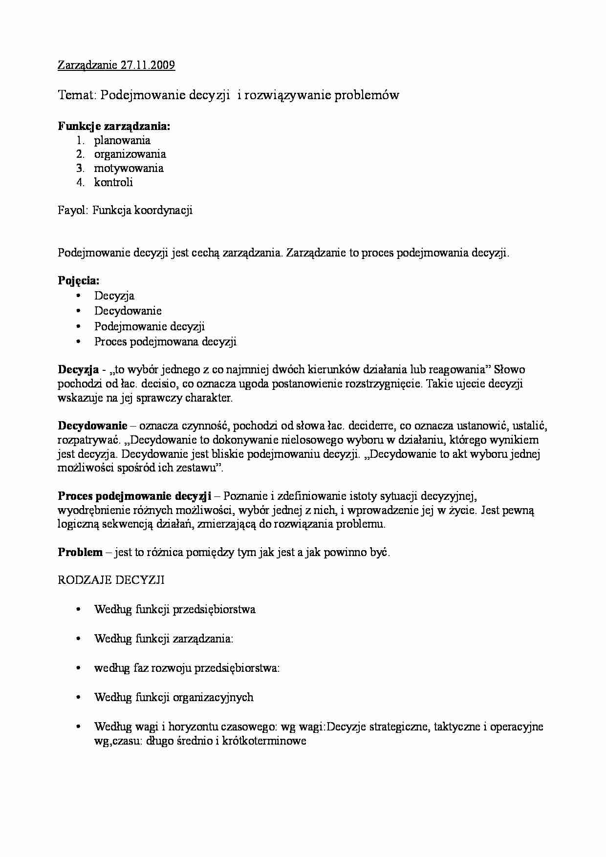Podstawy Zarządzania - Podejmowanie decyzji i rozwiązywanie problemów. - strona 1