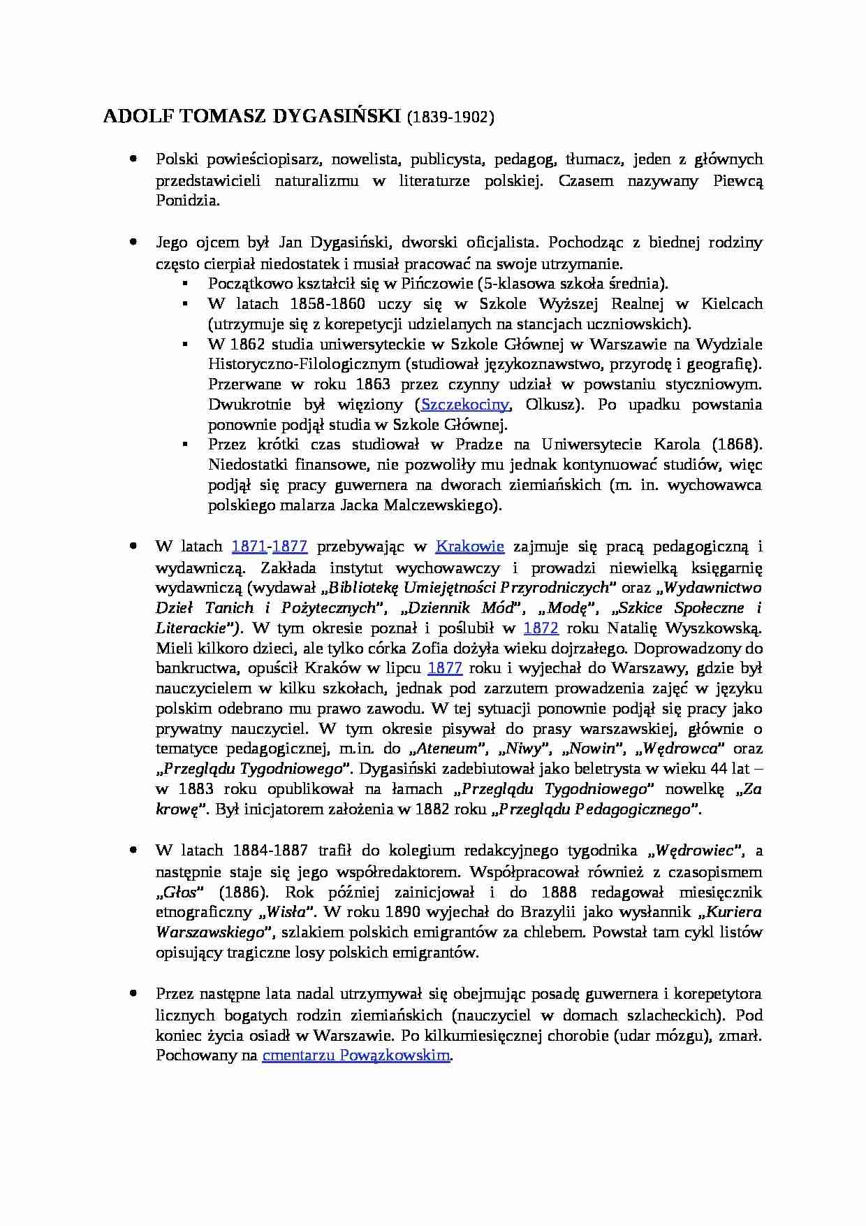 Adolf Tomasz Dygasiński - referat. - strona 1