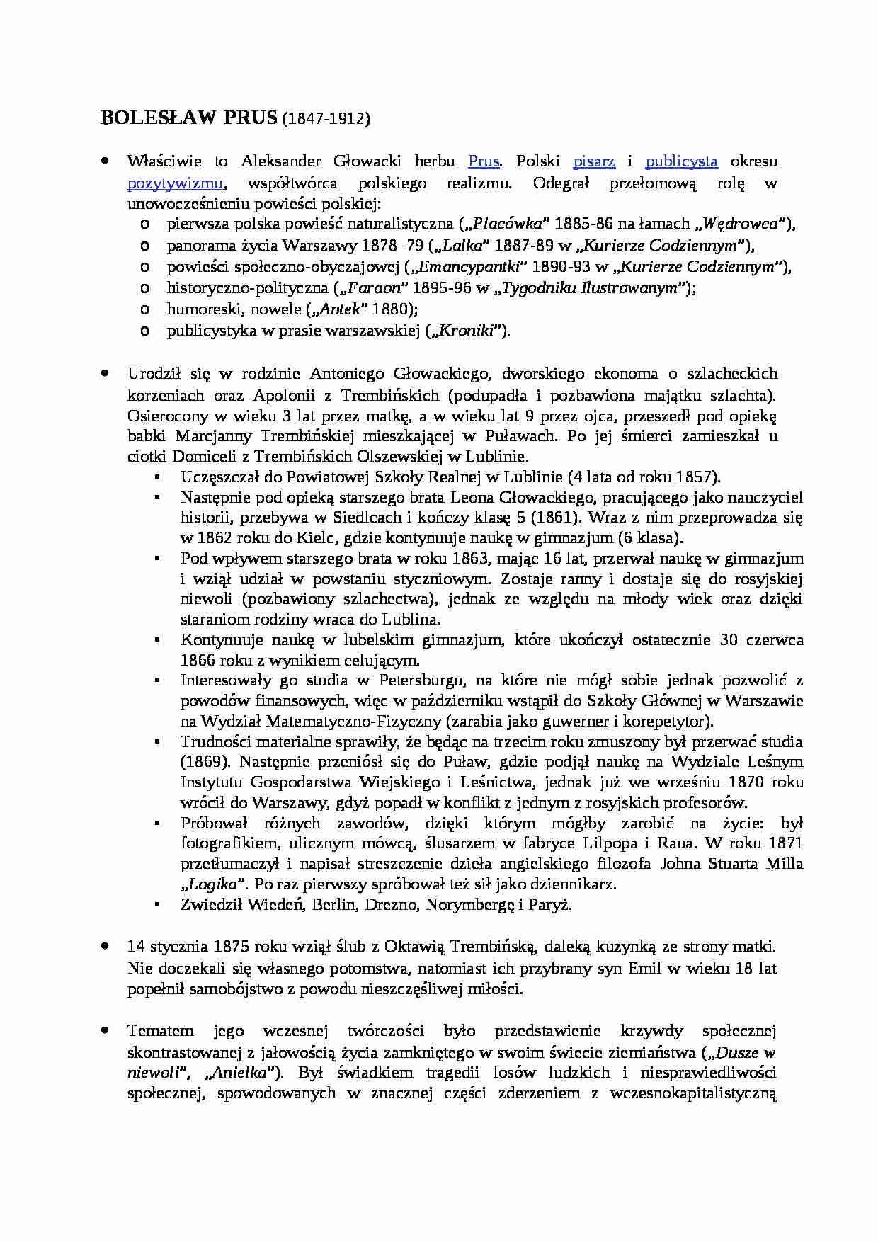 Bolesław Prus - referat. - strona 1