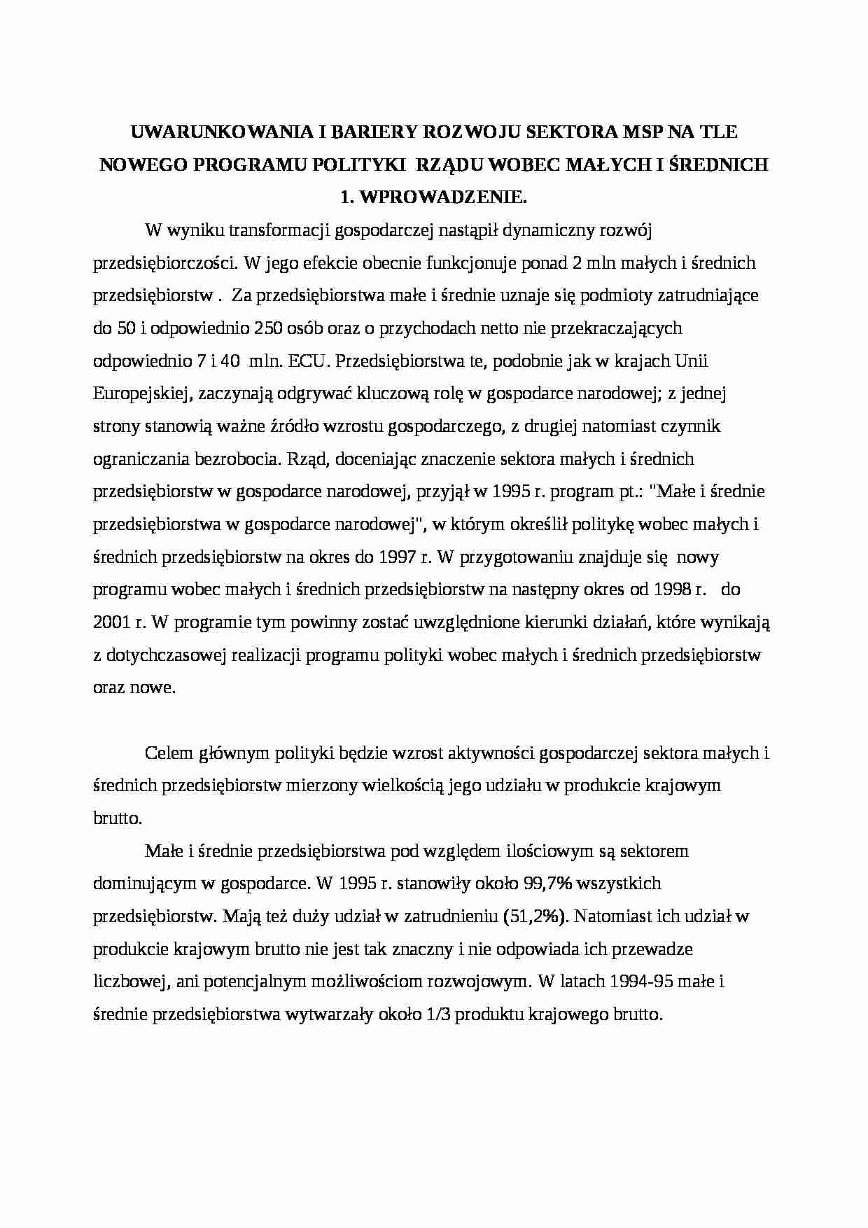 Uwarunkowania i bariery rozwoju sektora MSP na tle nowego programu rządu. - strona 1