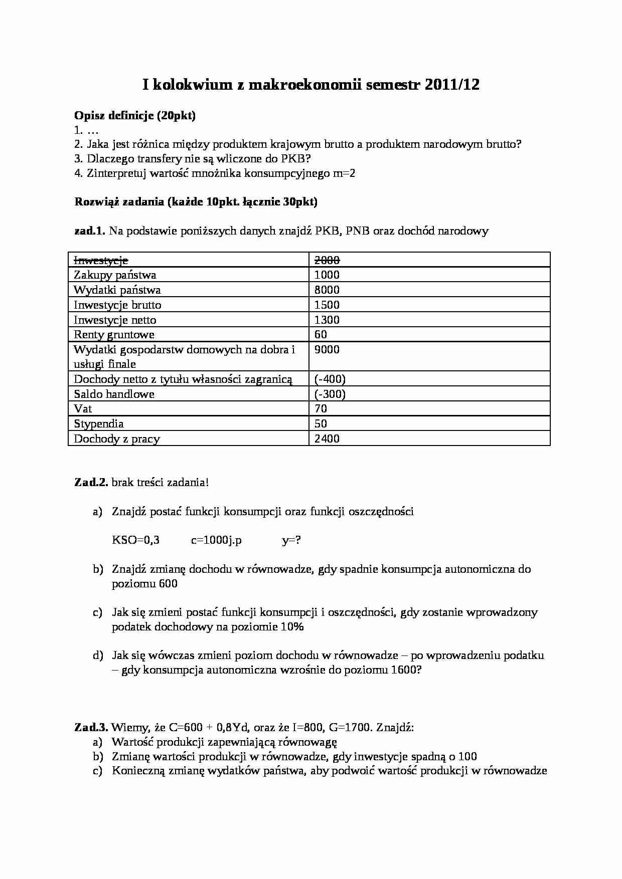 Kolokwium z makroekonomii  - Dochód - strona 1