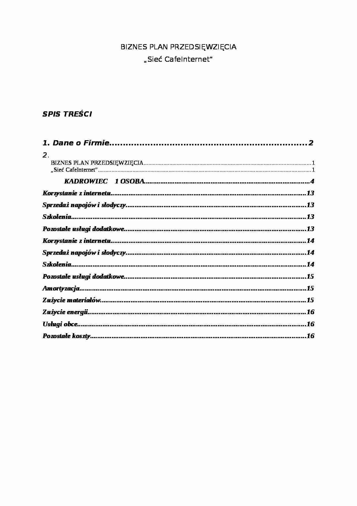 Biznes plan - Cafe Internet - prezentacja firmy - strona 1