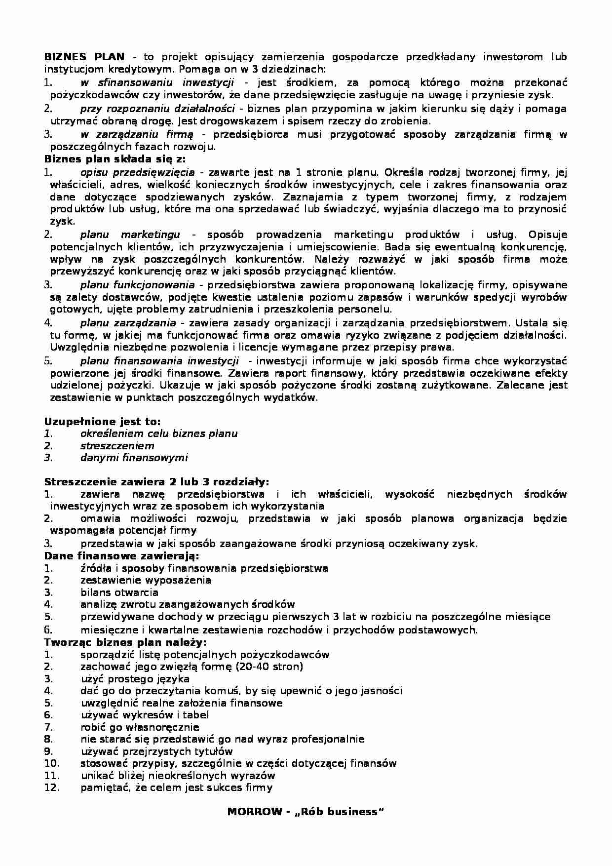 Biznes plan - wzór - Zarządzanie przedsiębiorstwem - strona 1