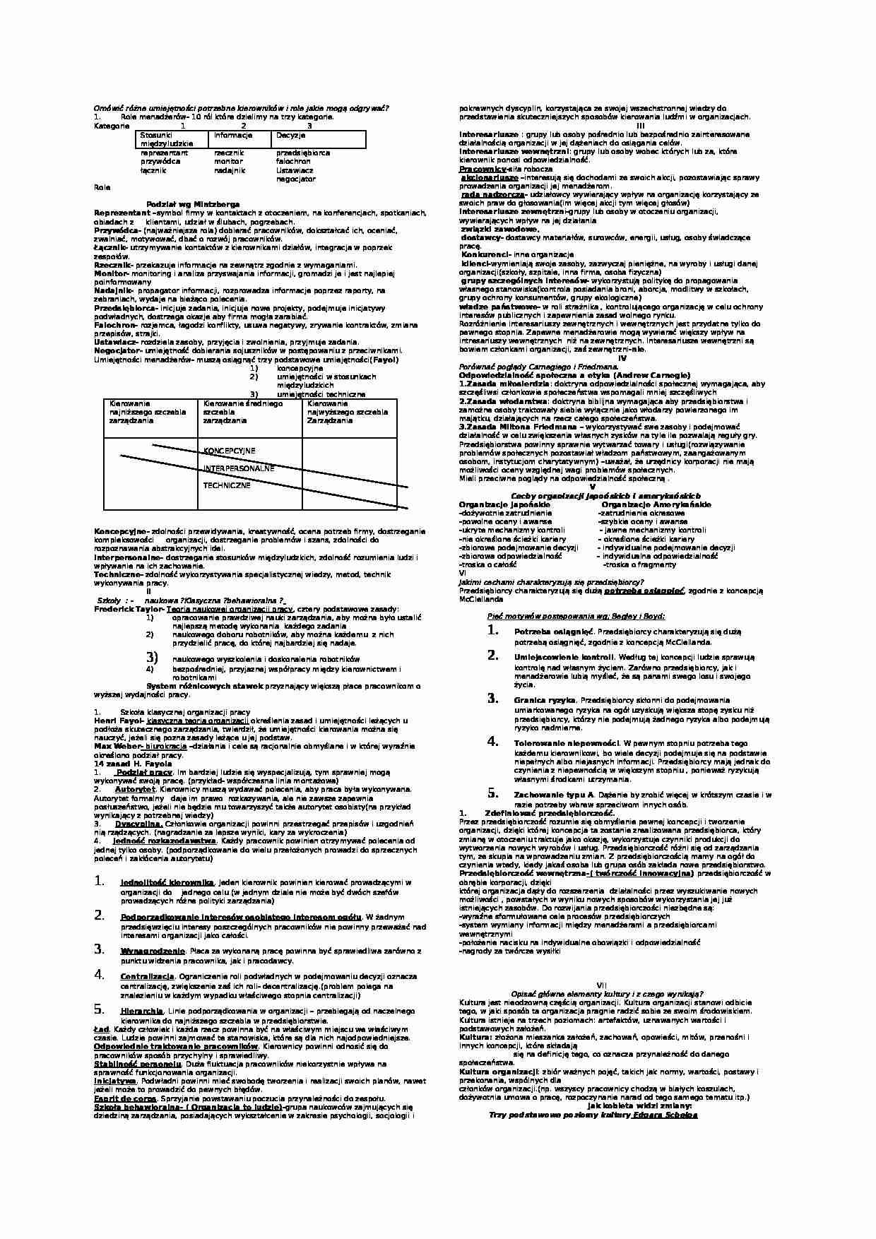 Zarządzanie - ściąga  - strona 1