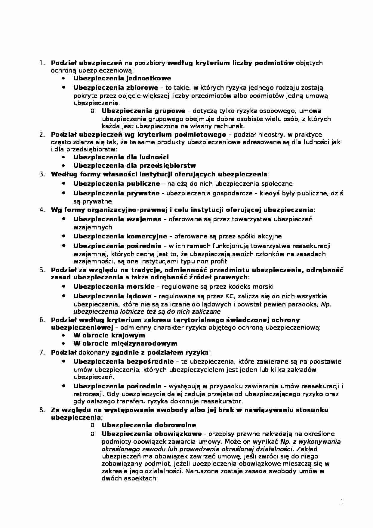 Kryteria podziału ubezpieczeń - strona 1