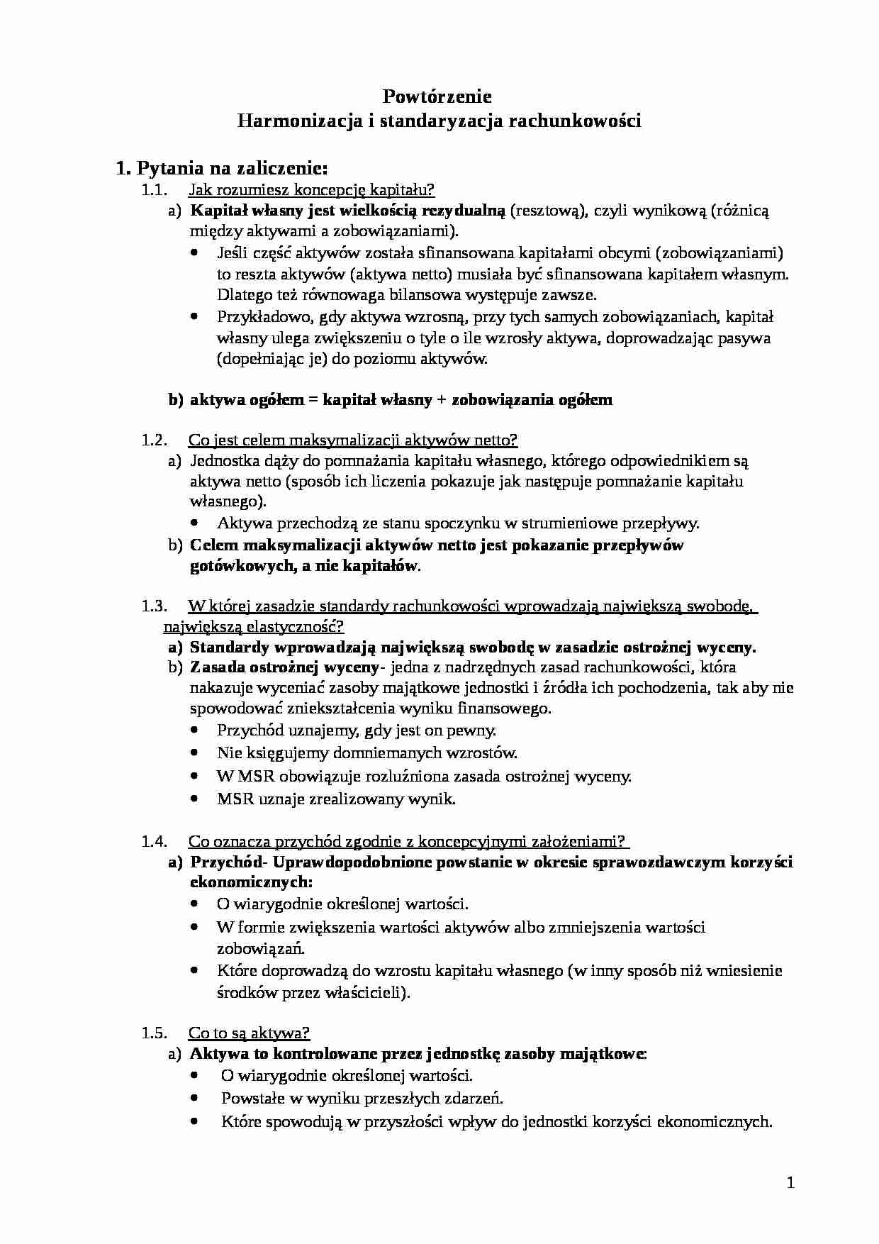 Powtórzenie do kolokwium - Harmonizacja i standaryzacja rachunkowości - strona 1