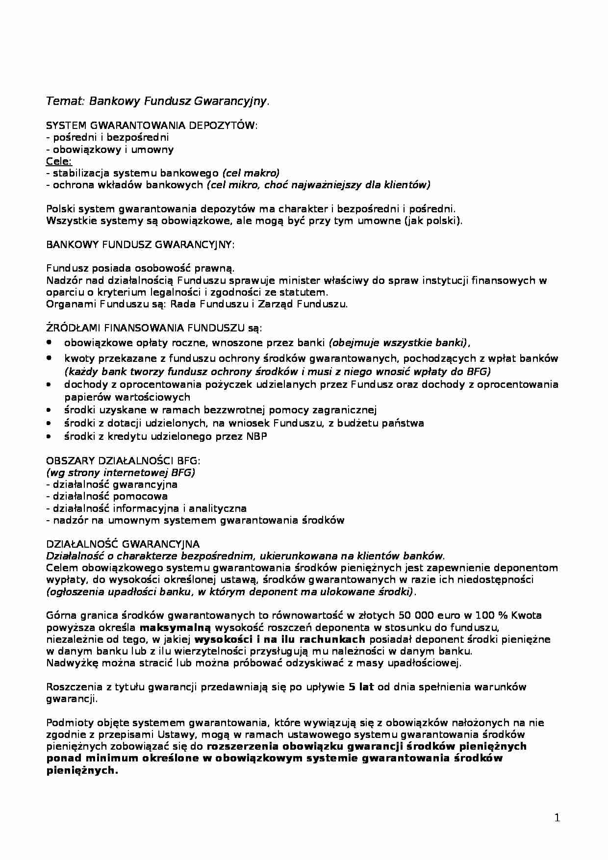 Bankowy fundusz gwarancyjny - system gwarantowania depozytów - strona 1