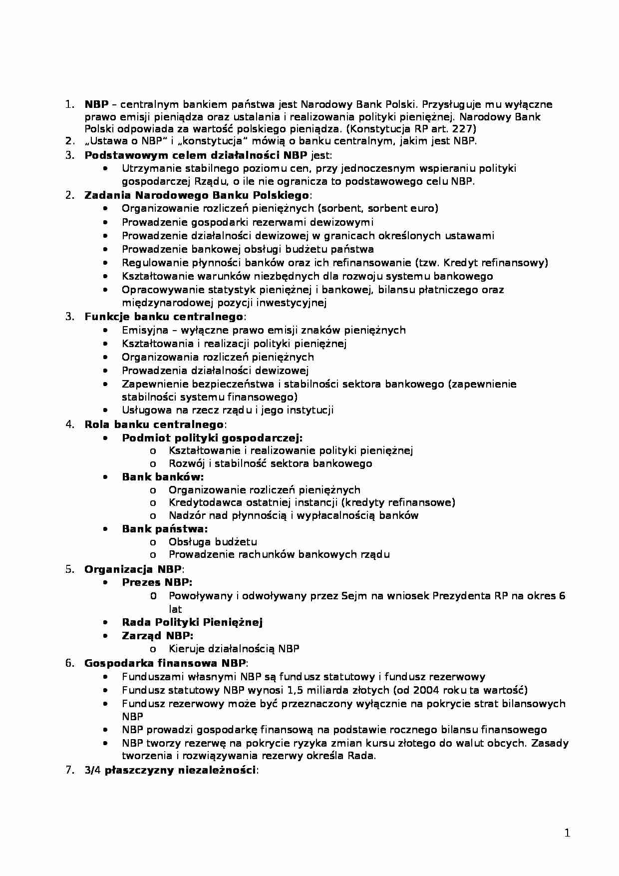Narodowy Bank Polski - cele, zadania, funkcje - strona 1