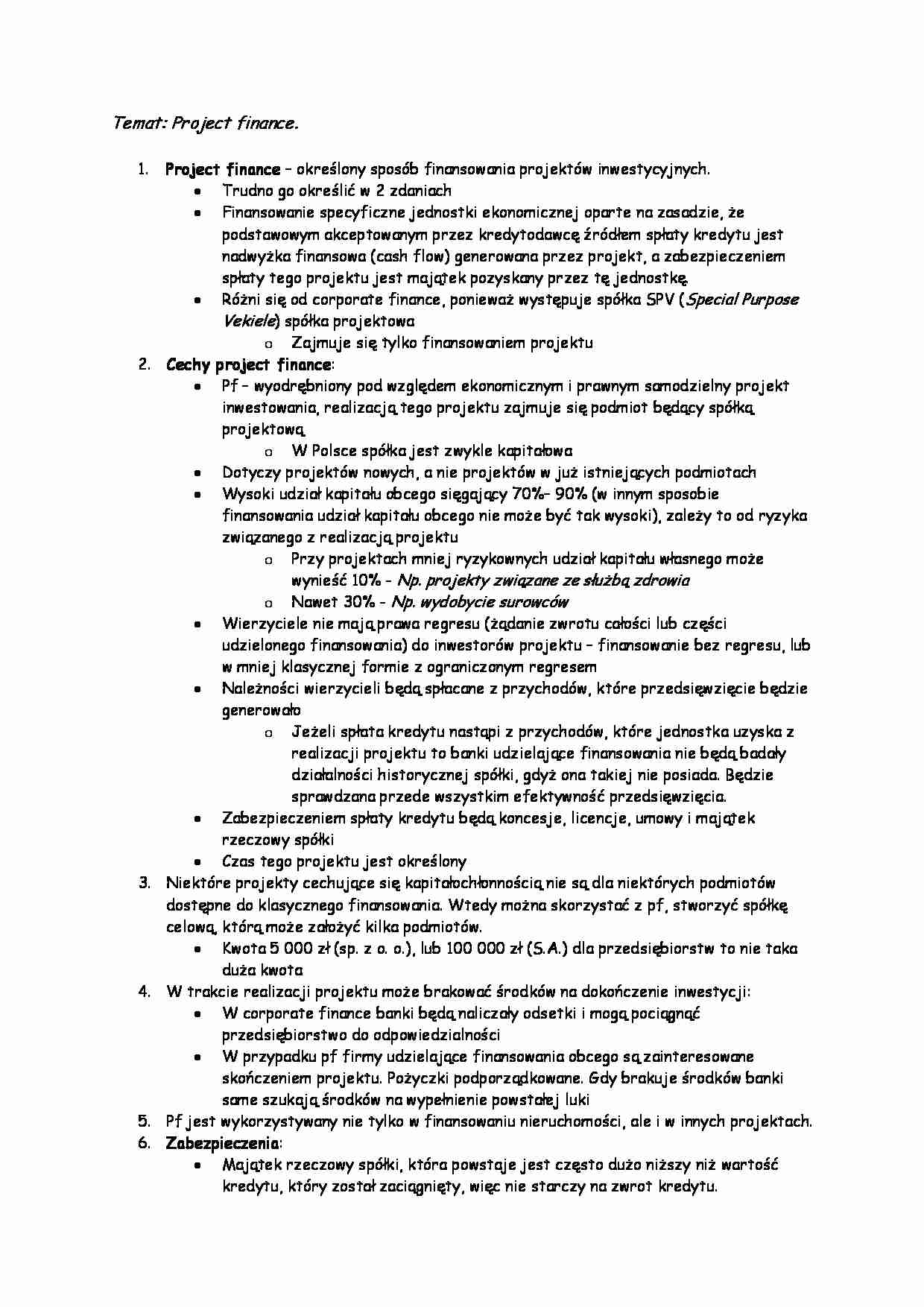 Project finance - cechy - strona 1