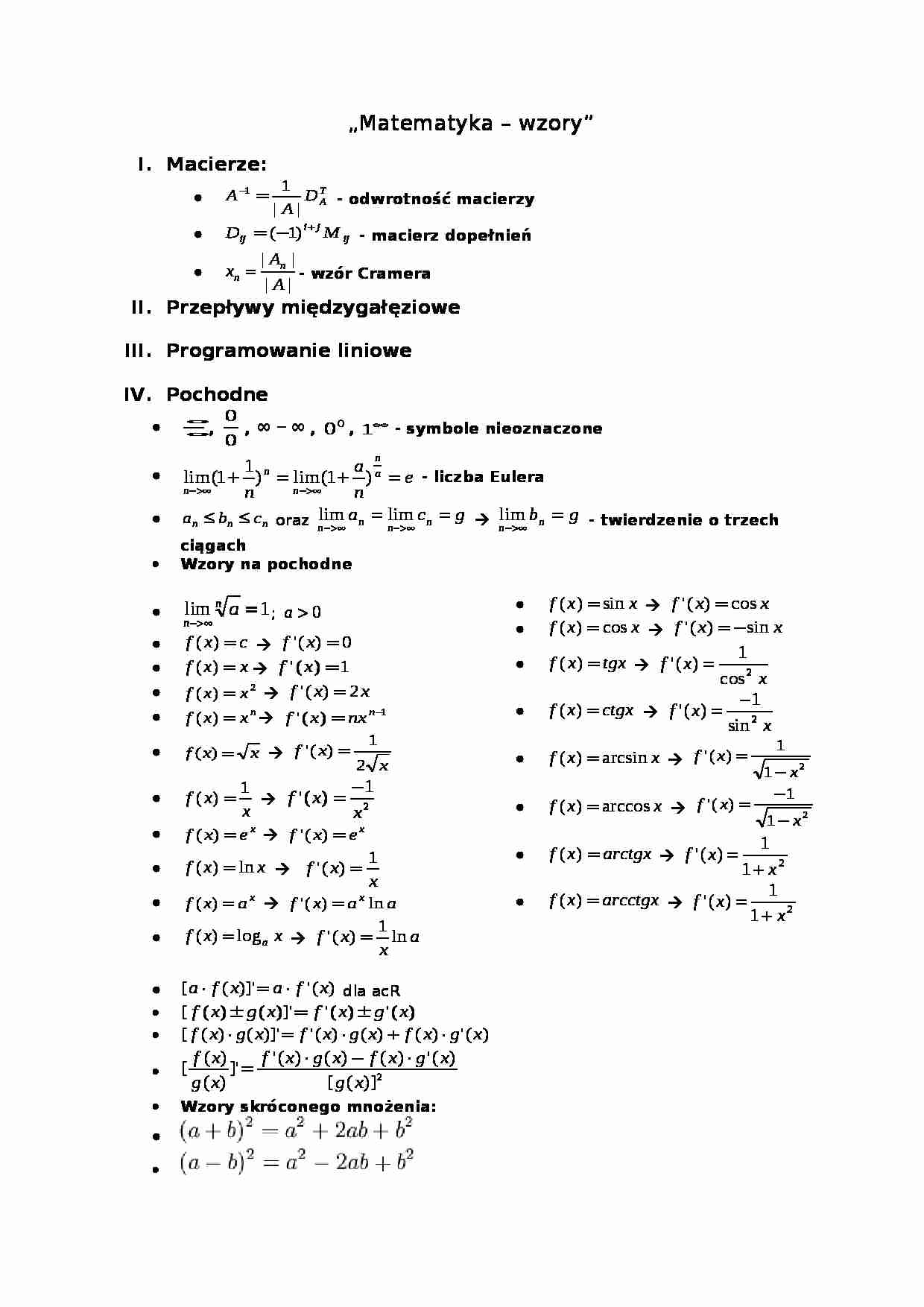 Zestawienie wzorów z semestru - strona 1