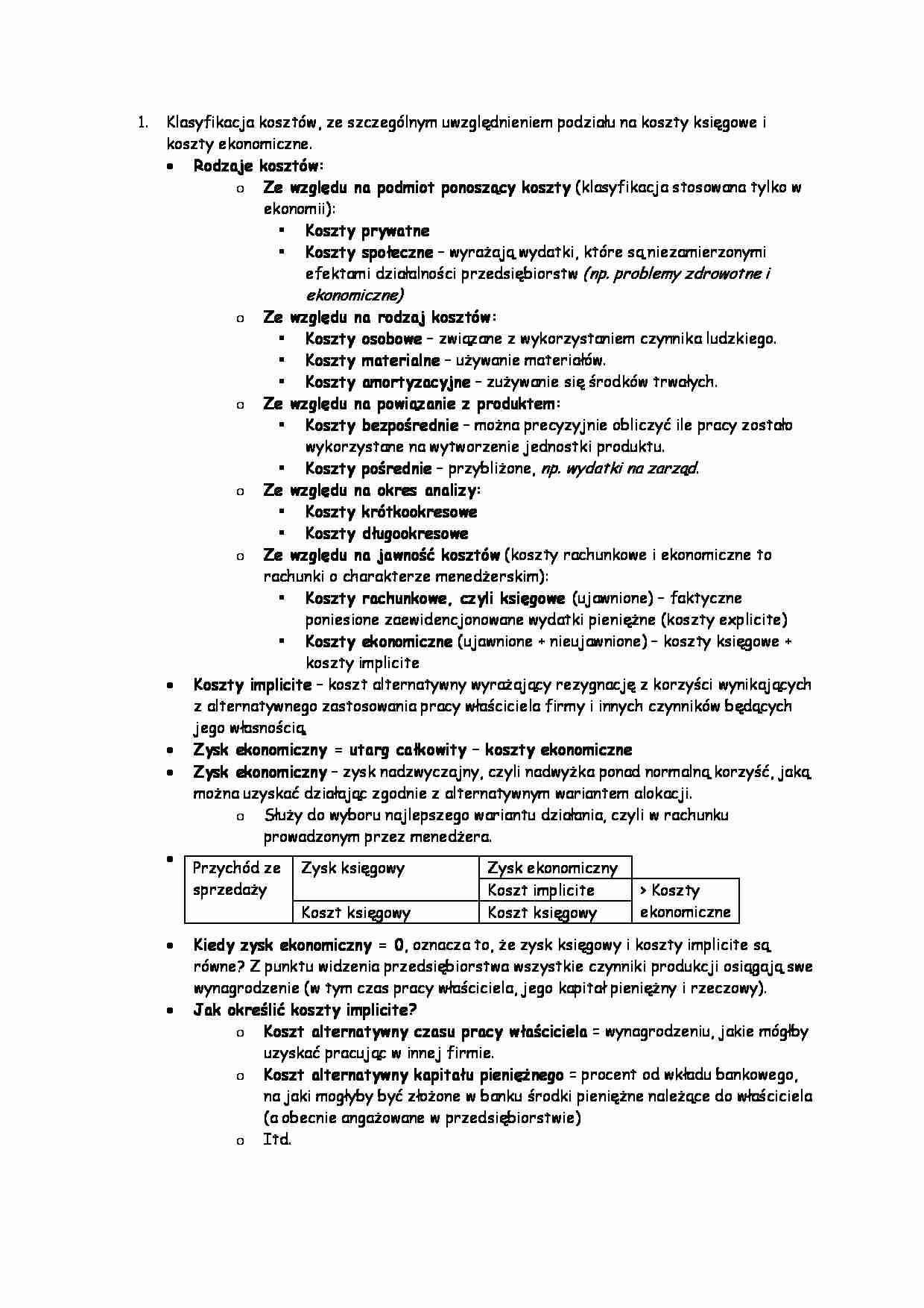Klasyfikacja kosztów z uwzględnieniem podziału na koszty księgowe - strona 1