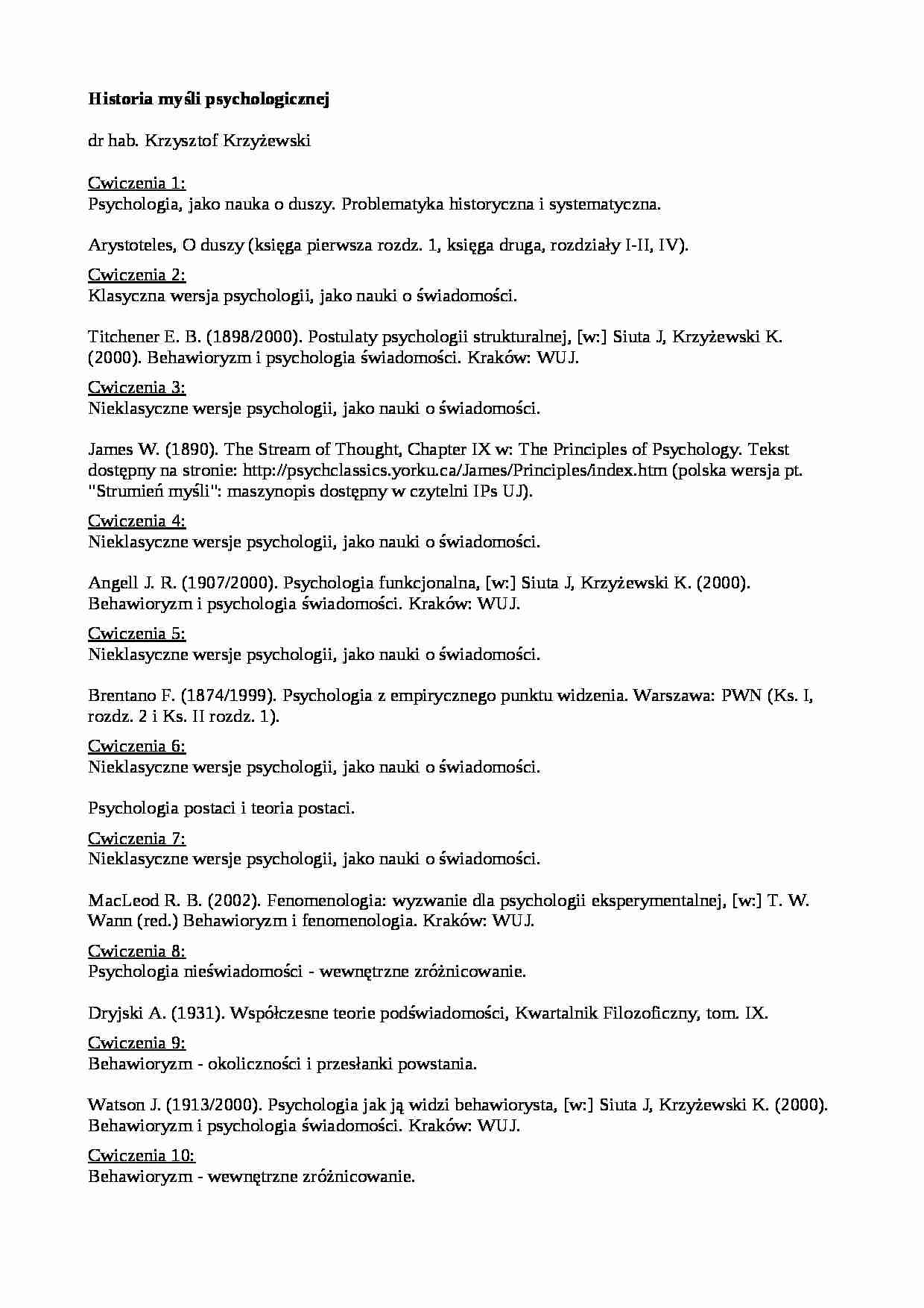 Sylabus z Historii Myśli Psychologicznej - strona 1