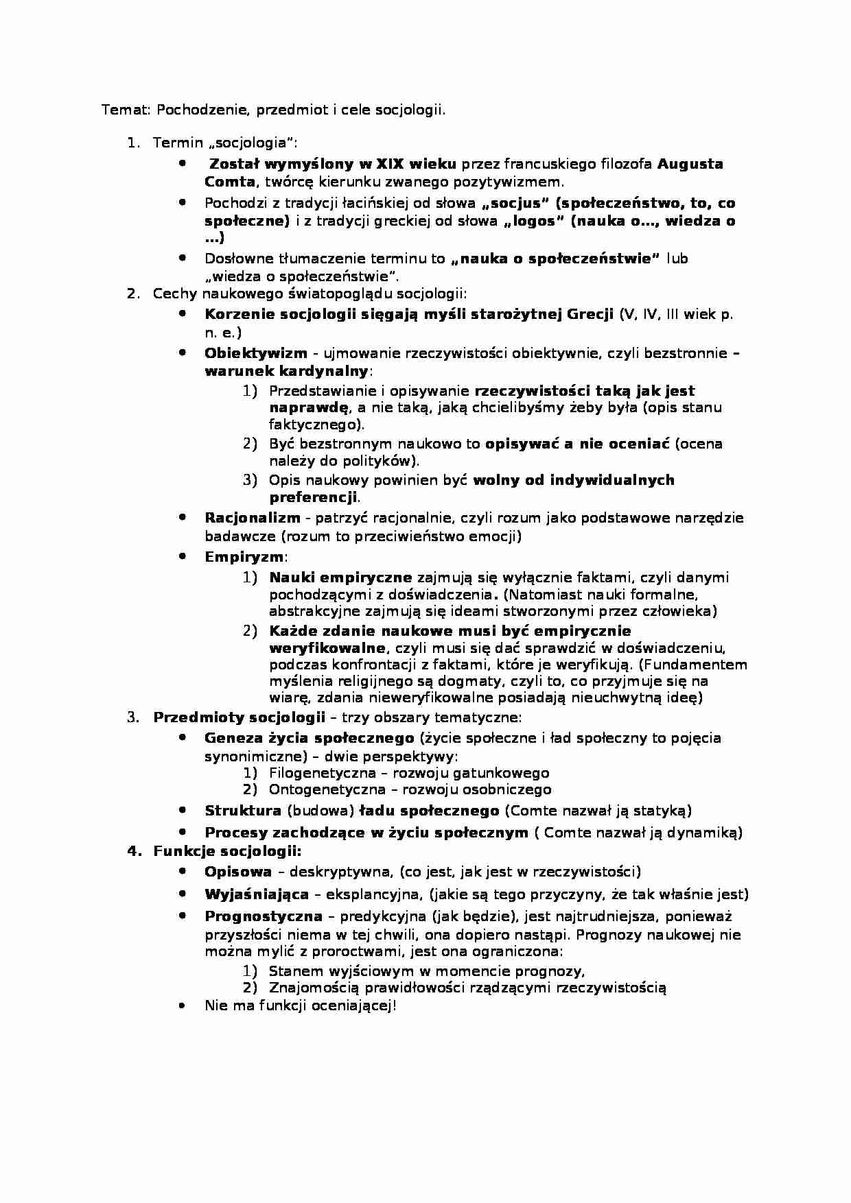 Pochodzenie, przedmiot i cele socjologii - strona 1