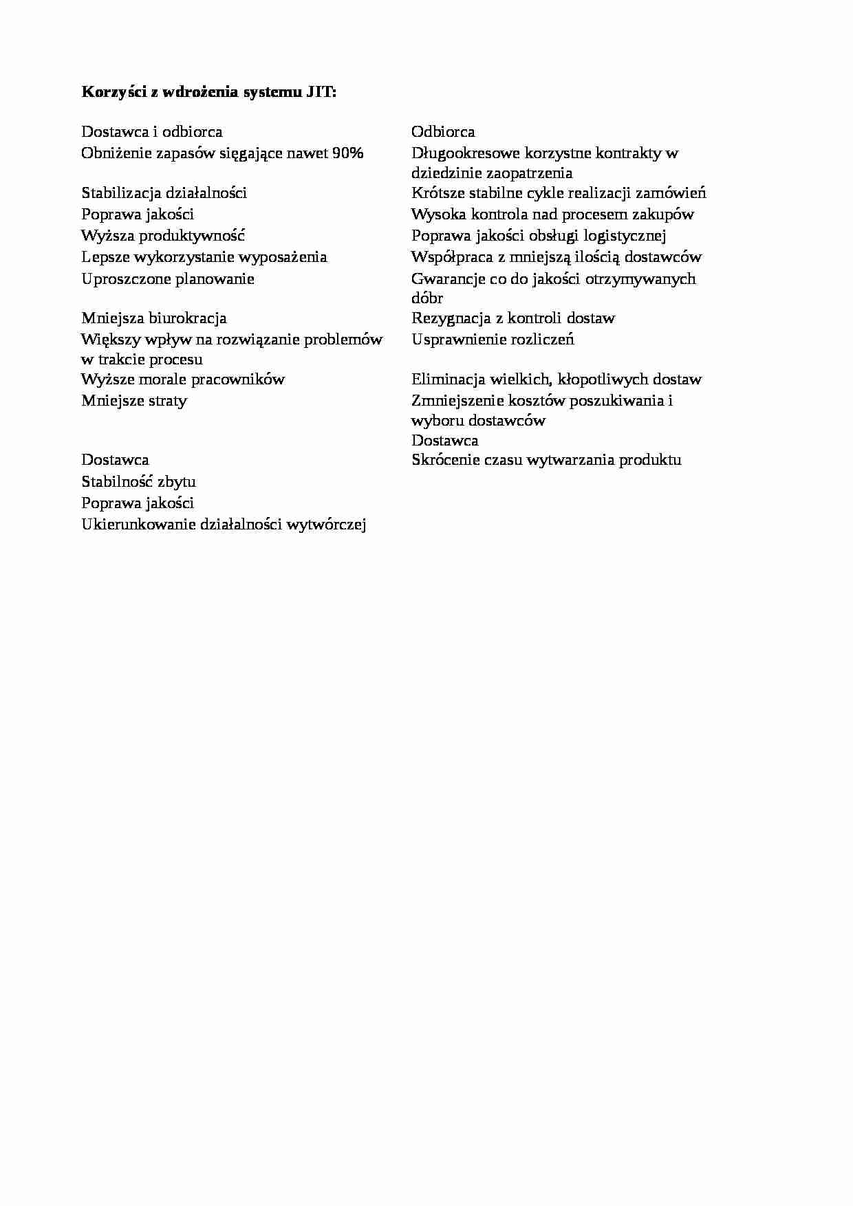 Korzyści z wdrożenia systemu JIT - strona 1