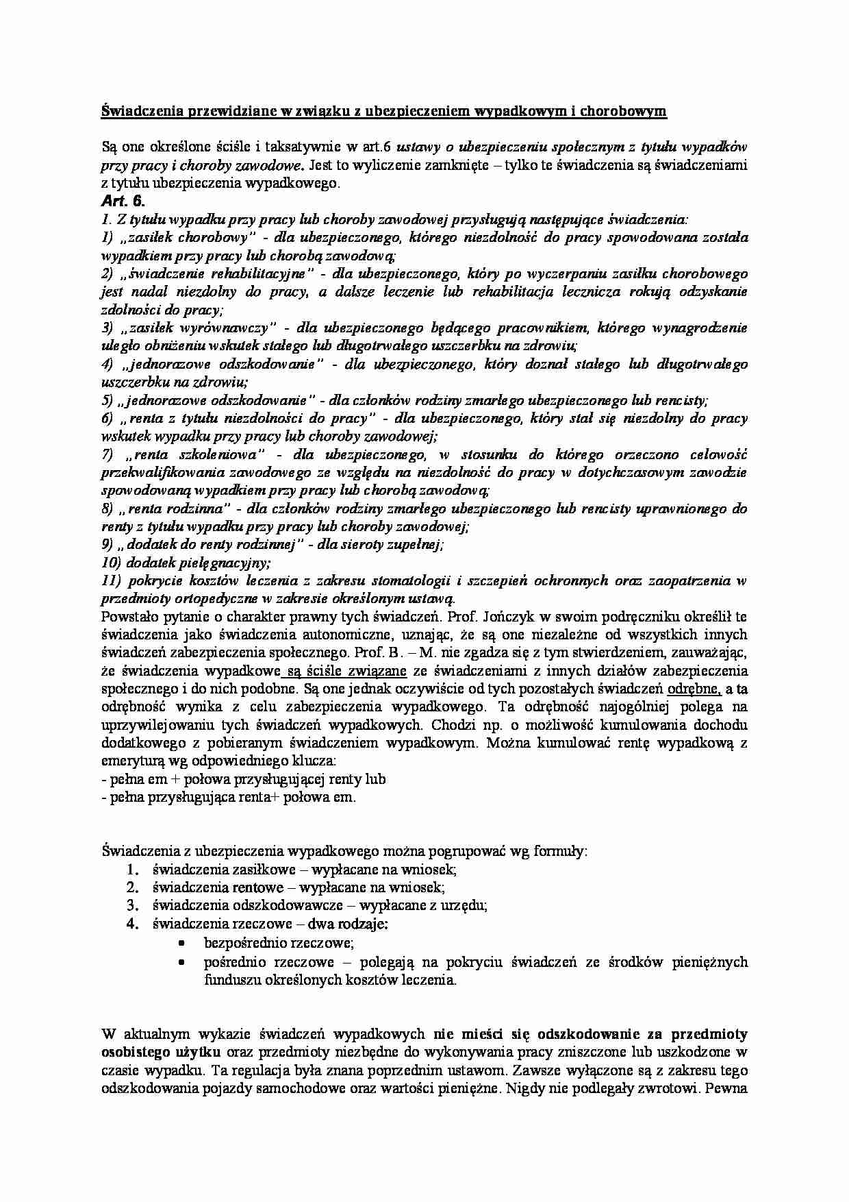 Świadczenia przewidziane w związku z ubezpieczeniem wypadkowym i chorobowym - strona 1