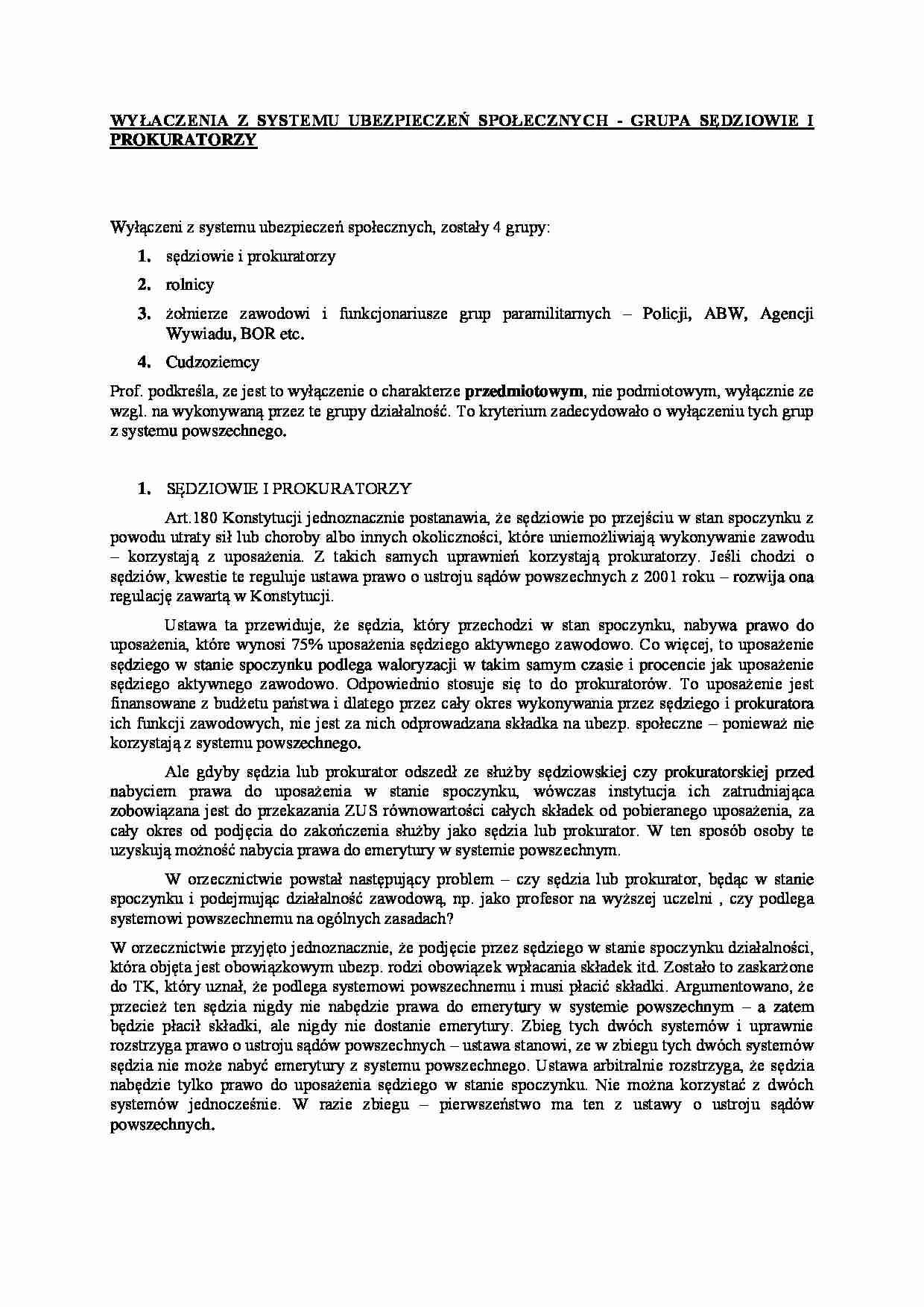 Wyłączenia systemu ubezpieczeń społecznych-grupy sędziów oraz prokuratorów - strona 1