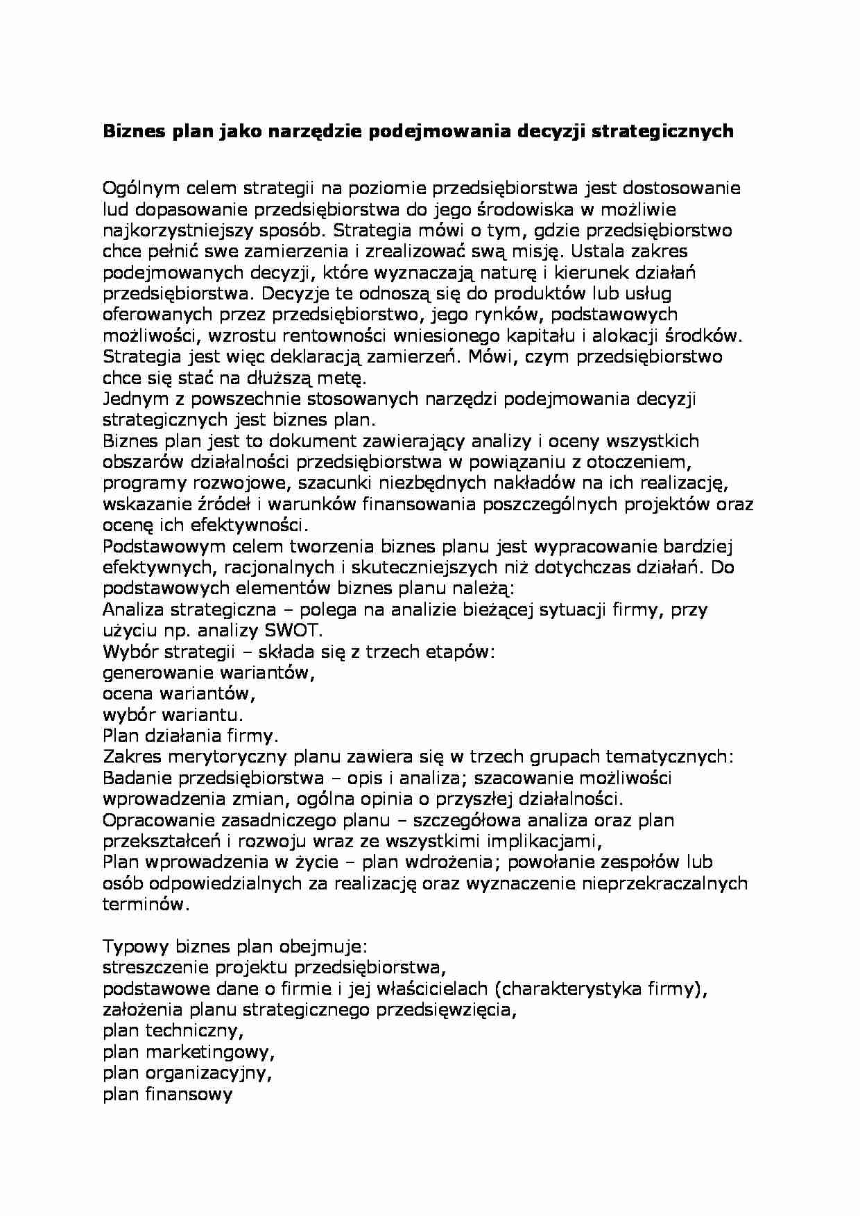 Biznes plan jako narzędzie podejmowania decyzji strategicznych - strona 1