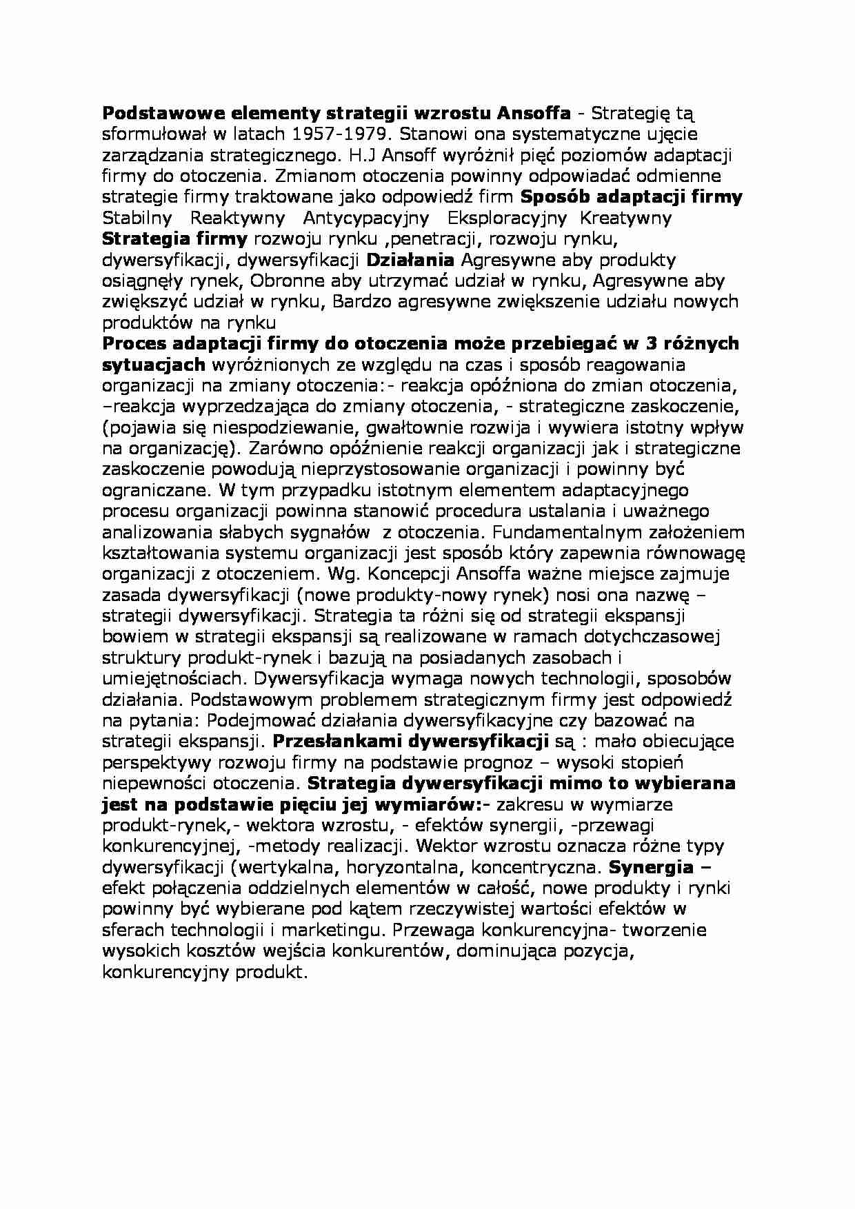 Podstawowe elementy strategii wzrostu Ansoffa - strona 1