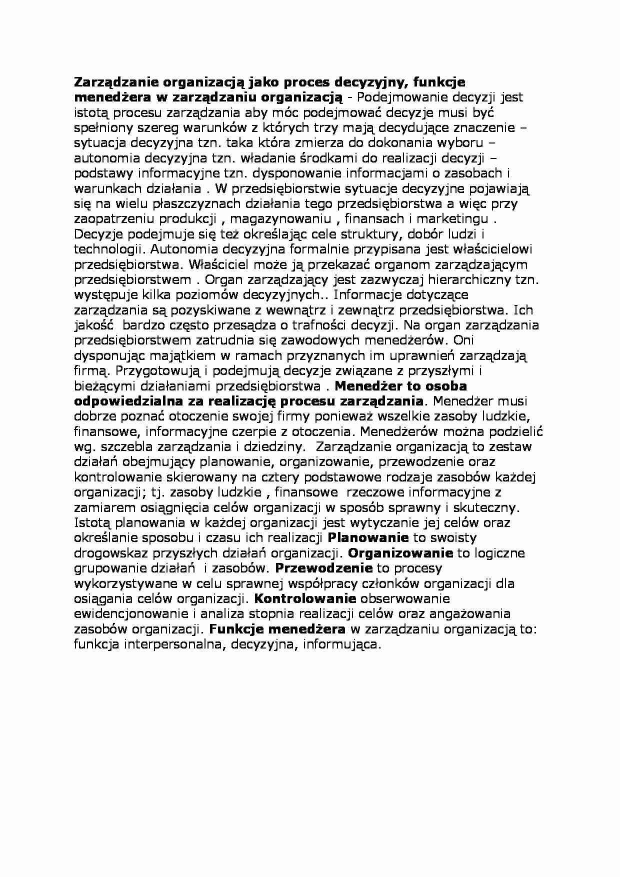 Zarządzanie organizacją jako proces decyzyjny - strona 1